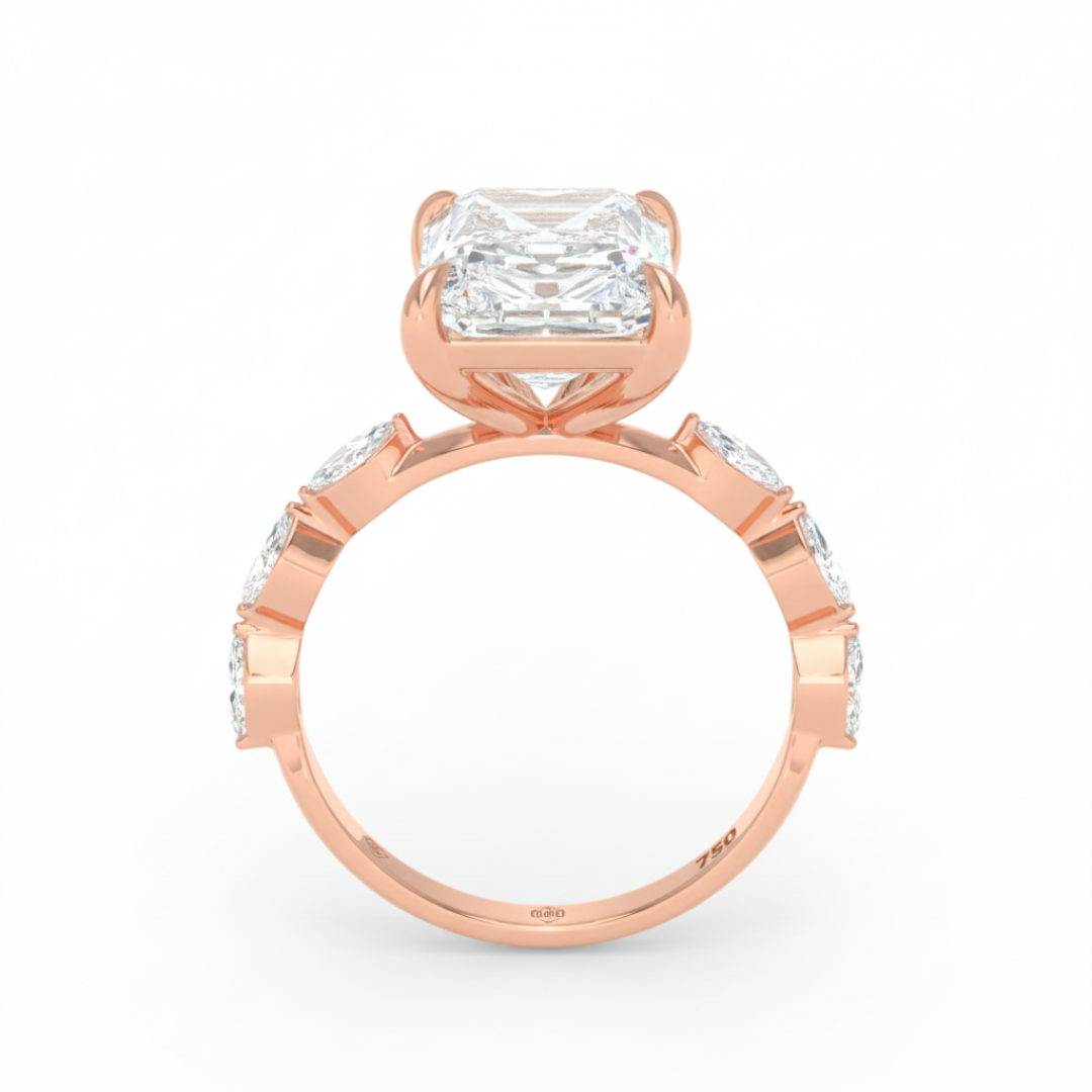 Kasandra Radiant Cut Diamond Engagement Ring With A Marquise Cut Diamond Band