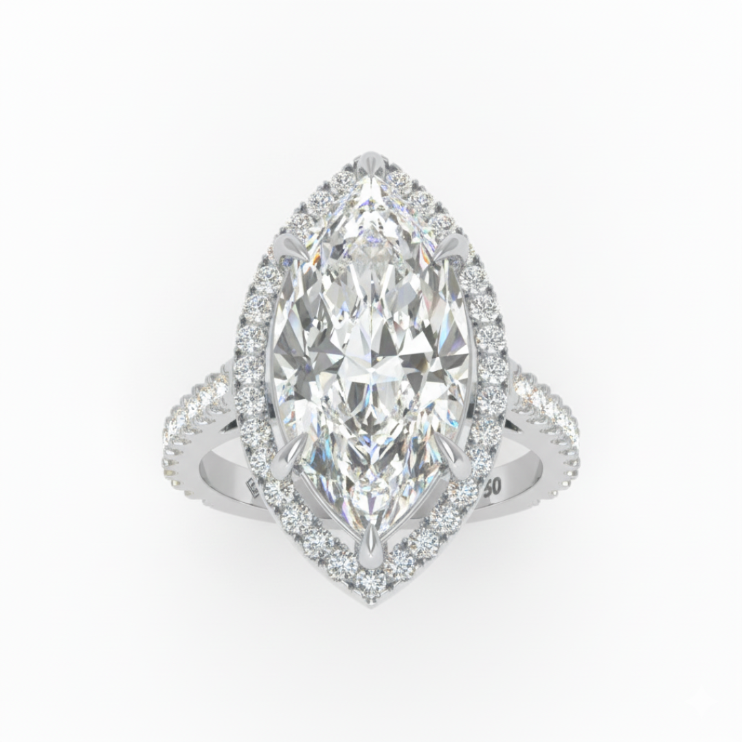 Bella Marquise Cut Diamond Engagement Ring with Diamond Halo & Diamond Band
