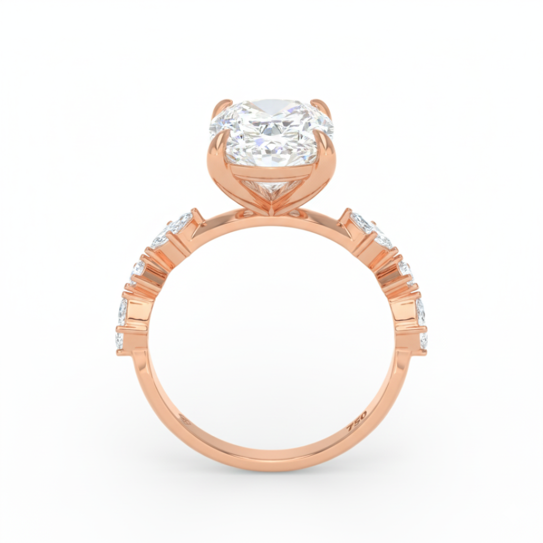 Elizabeth Cushion Diamond Engagement Ring With A Marquise and Round Cut Diamond Band