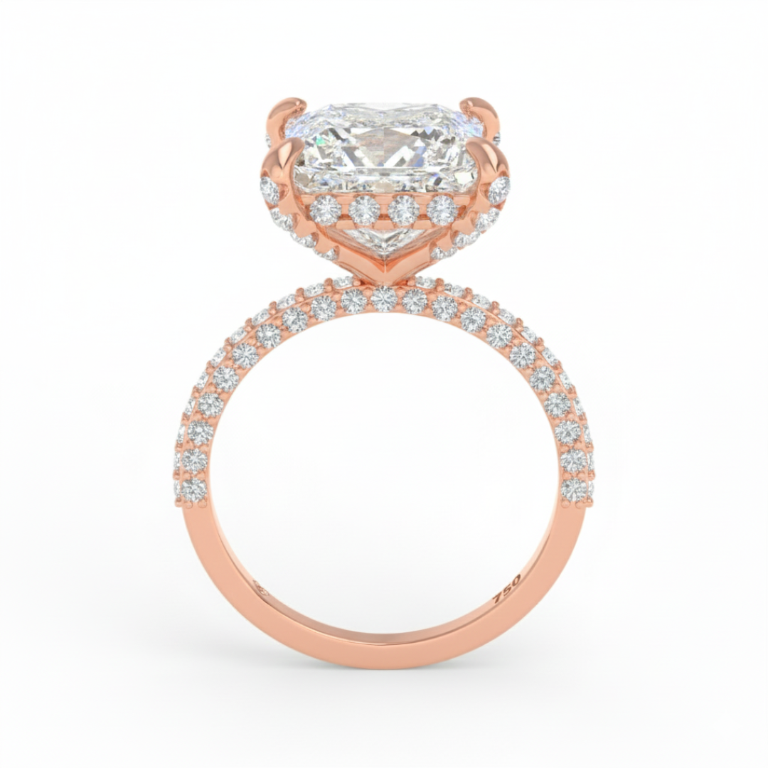 Bague de fiançailles Mia en diamant taille princesse avec halo de diamants cachés et anneau en diamant 3D