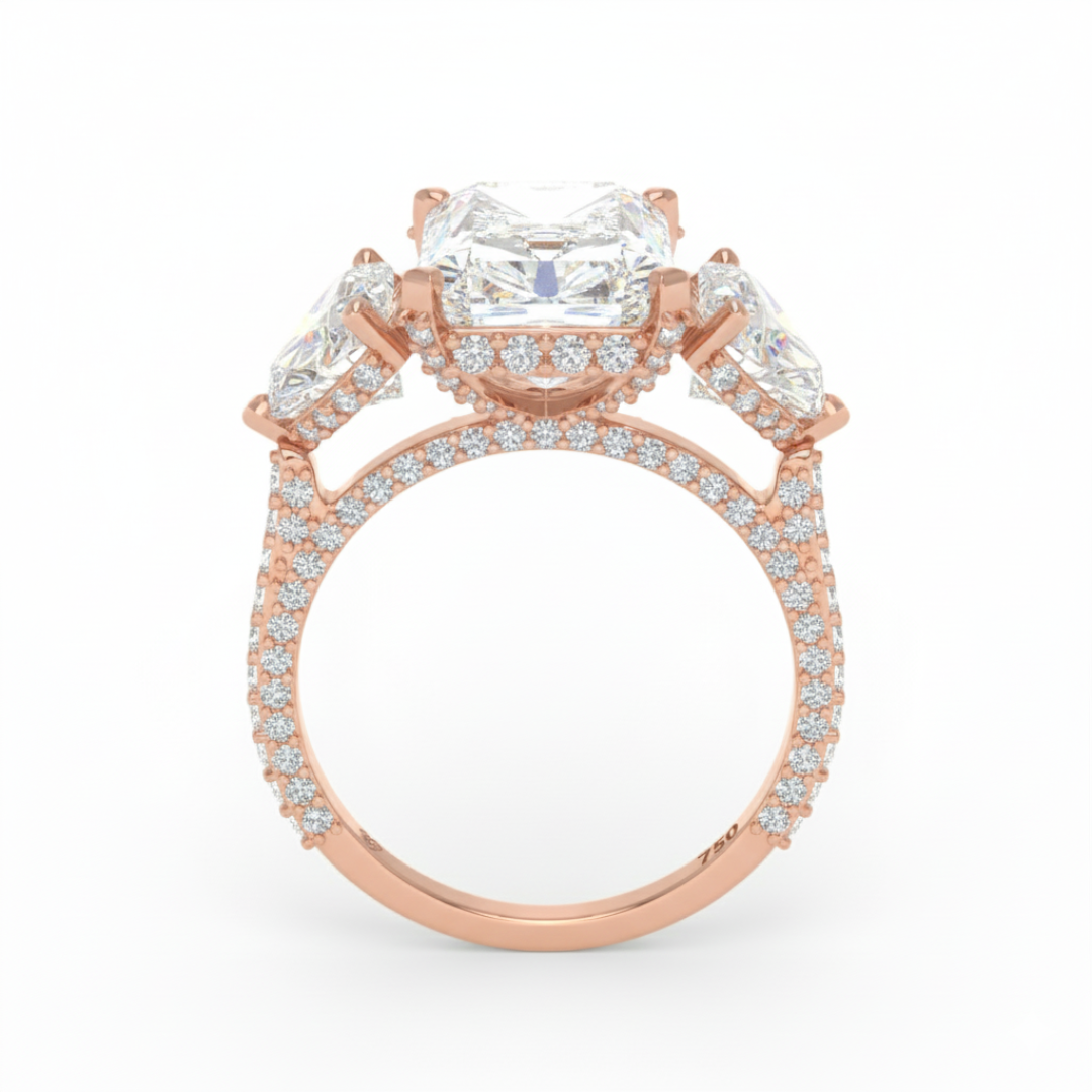 Victoria Radiant Cut Diamond Engagement Ring with Heart Cut Side Diamonds and 3D Diamond Band