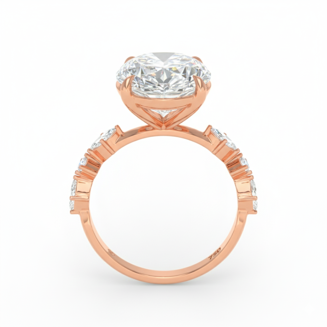 Elizabeth Oval Cut Diamond Engagement Ring With A Marquise And Round Cut Diamond Band.