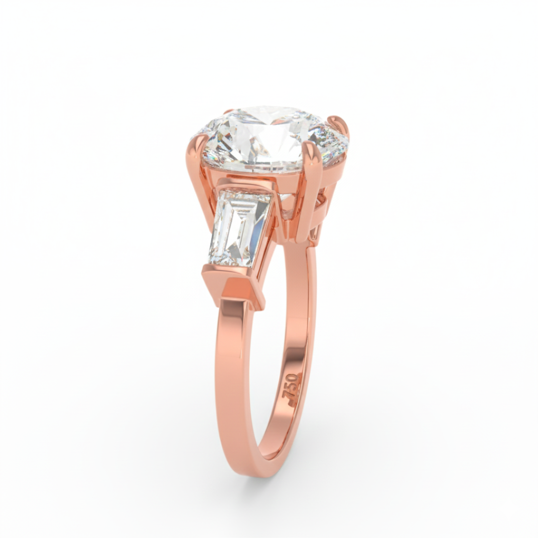 Mary Round Brilliant Cut Diamond Engagement Ring With Tapering Baguette Cut Side Diamond