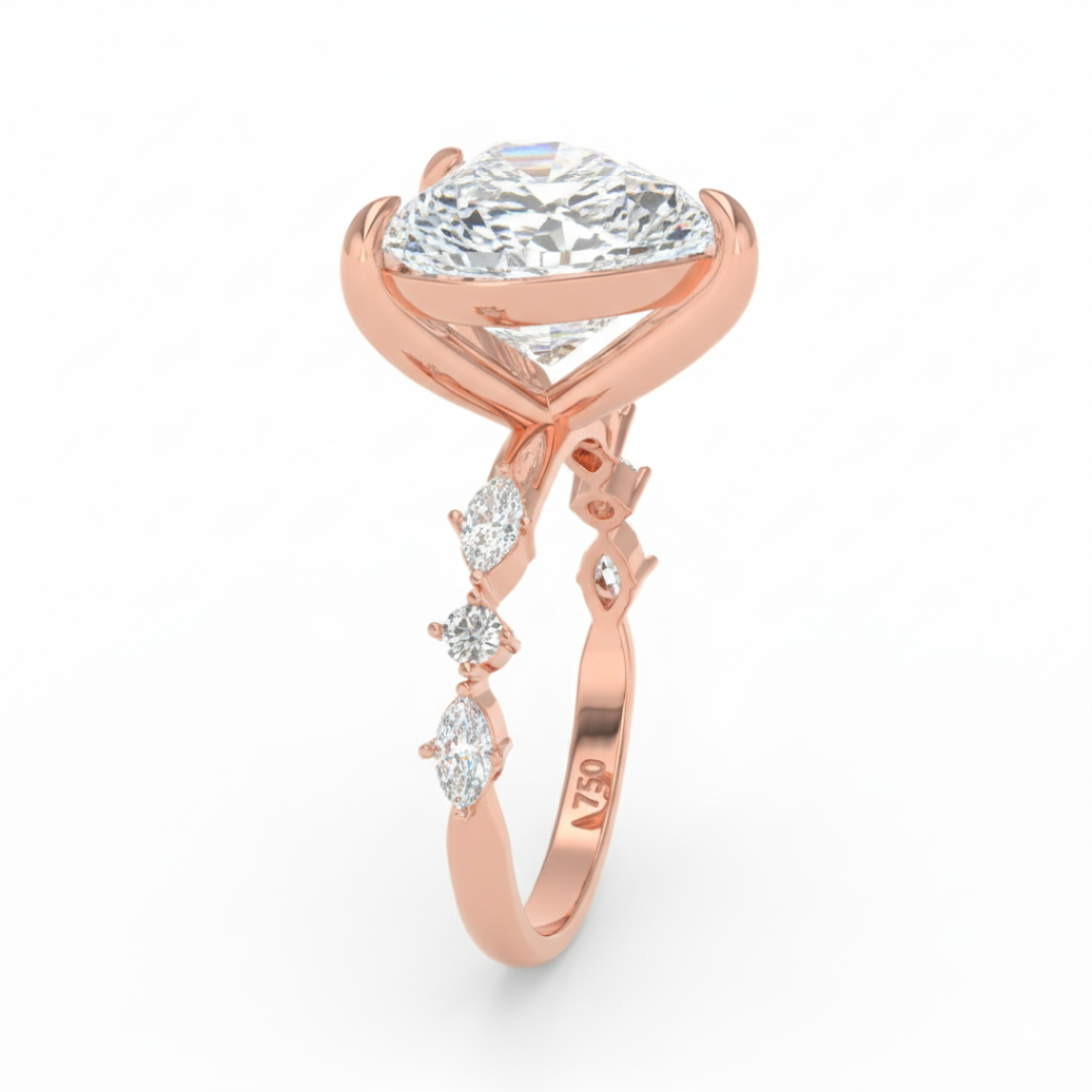 Bague de fiançailles Elizabeth en diamant taille cœur avec anneau serti de diamants taille marquise et ronde