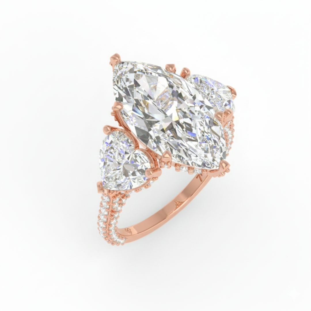 Victoria Marquise Cut Diamond Engagement Ring with Heart Cut Side Diamonds and 3D Diamond Band