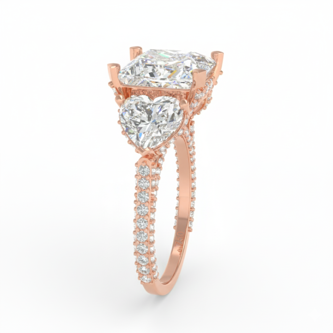 Victoria Princess Cut Diamond Engagement Ring with Heart Cut Side Diamonds and 3D Diamond Band