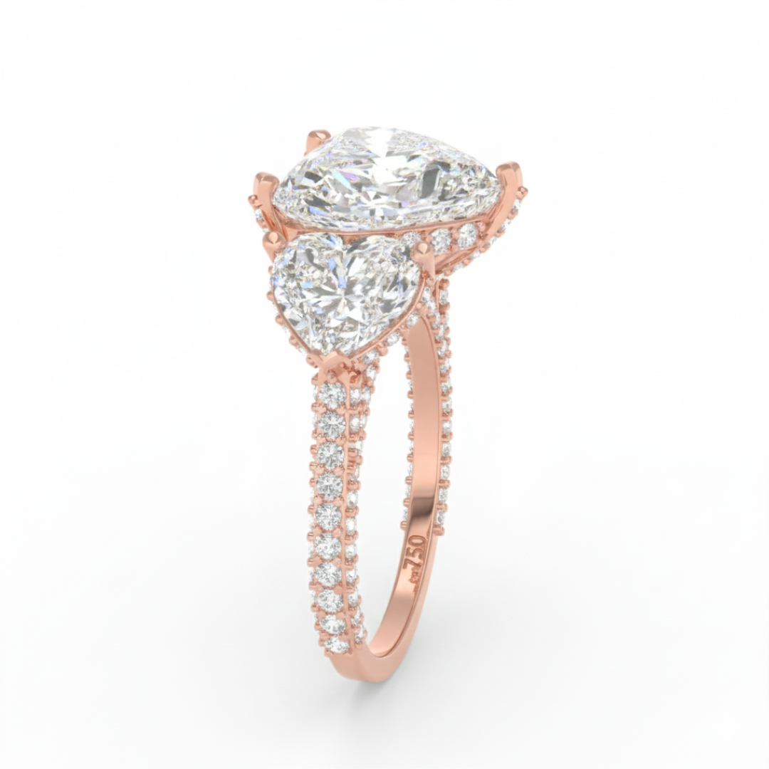 維多利亞心形切割鑽石訂婚戒指，搭配心形切割側鑽和3D鑽石戒圈