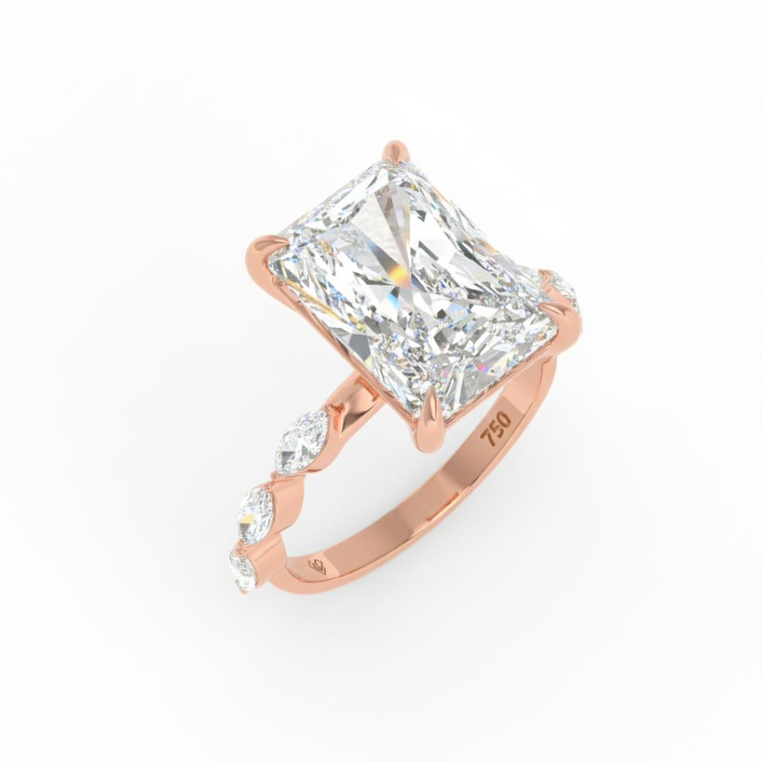 Kasandra Radiant Cut Diamond Engagement Ring With A Marquise Cut Diamond Band