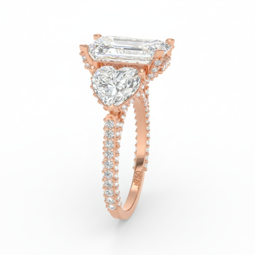 Victoria Emerald Cut Diamond Engagement Ring with Heart Cut Side Diamonds and 3D Diamond Band