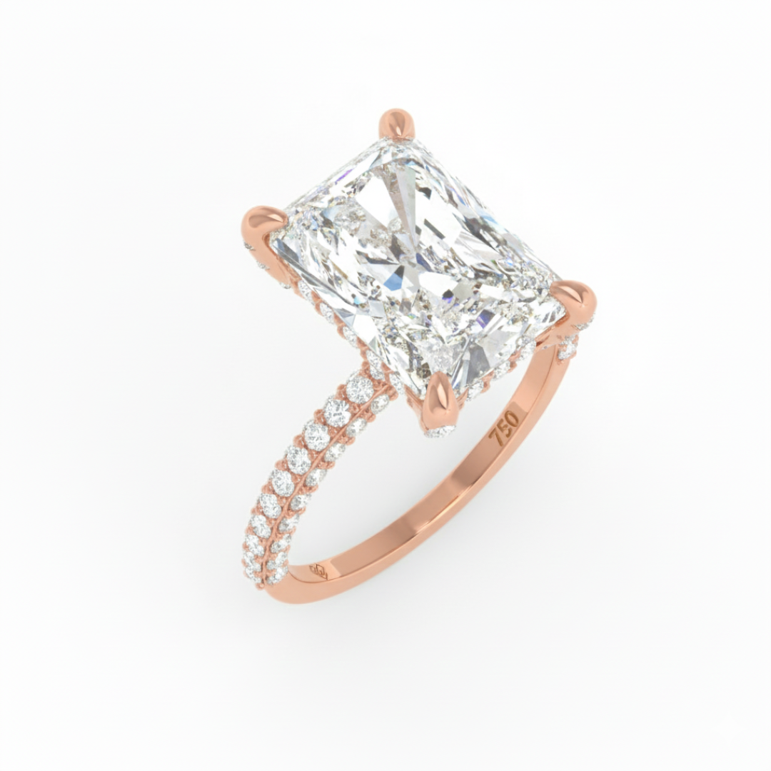 Bague de fiançailles Mia en diamant taille radiant avec halo de diamants cachés et anneau en diamant 3D