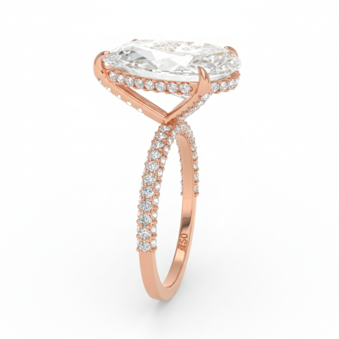 Bague de fiançailles Mia en diamant taille poire avec halo de diamants cachés et anneau en diamant 3D