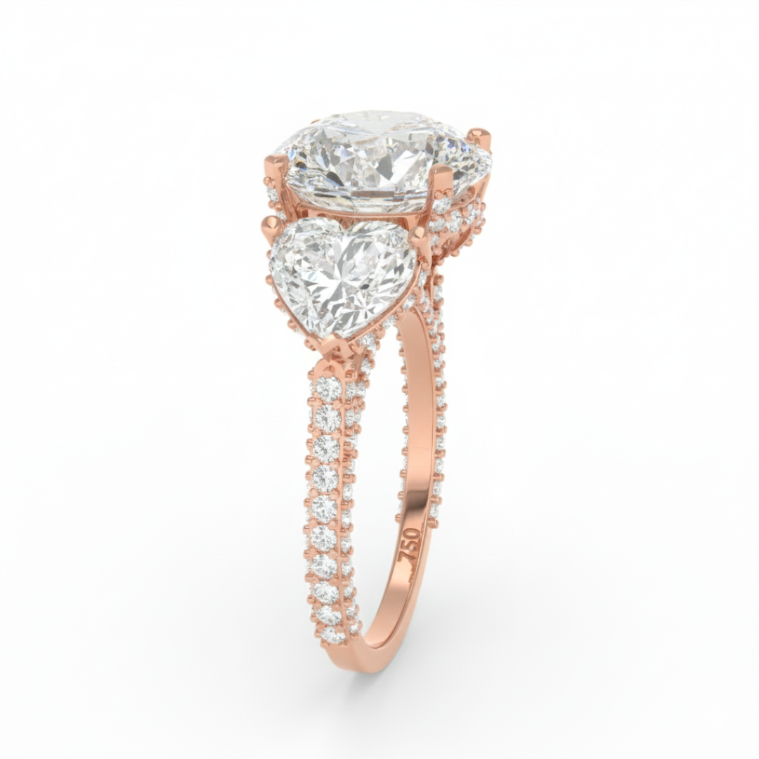 Victoria Round Brilliant Cut Diamond Engagement Ring with Heart Cut Side Diamonds and 3D Diamond Band