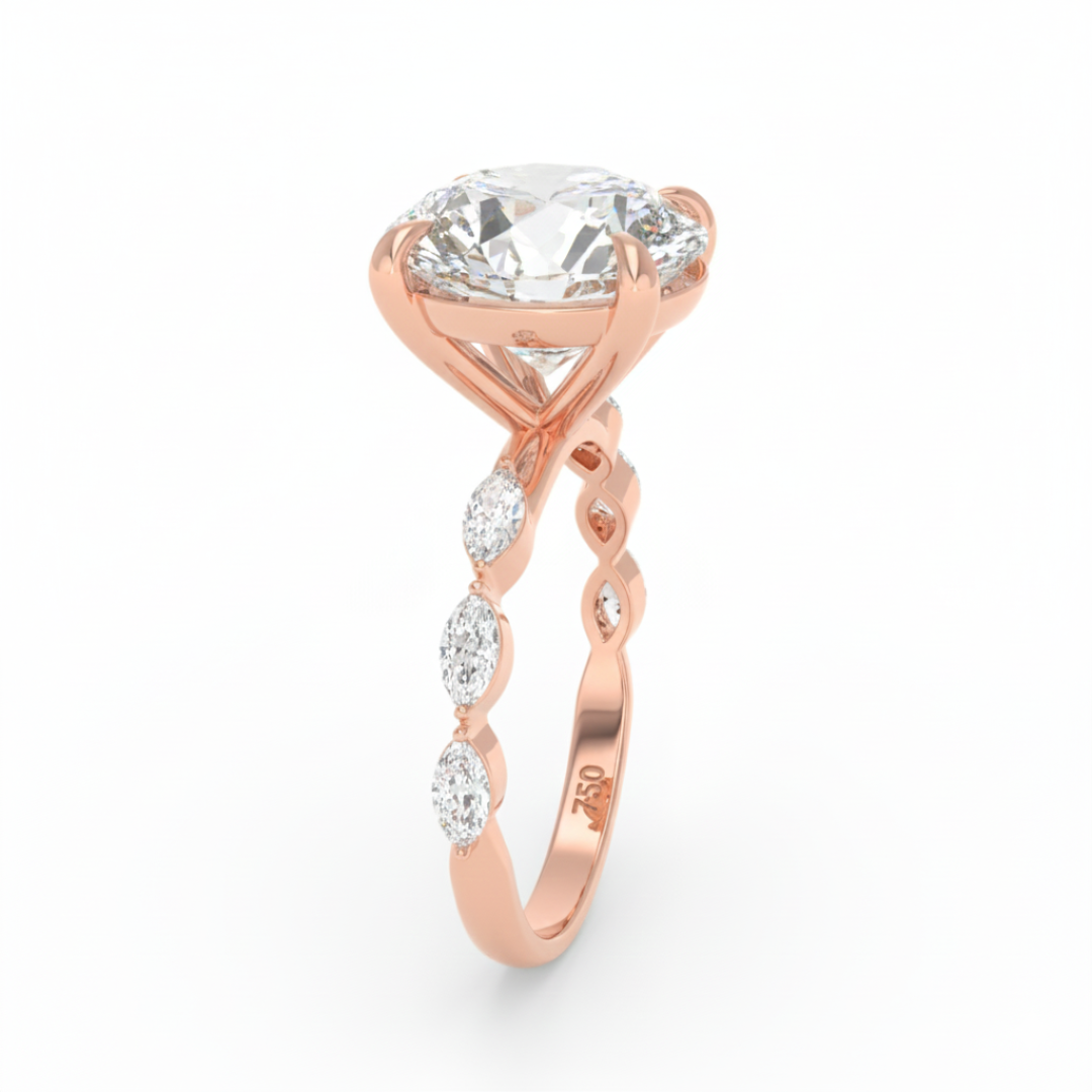 Kasandra Round Brilliant Cut Diamond Engagement Ring With A Marquise Cut Diamond Band