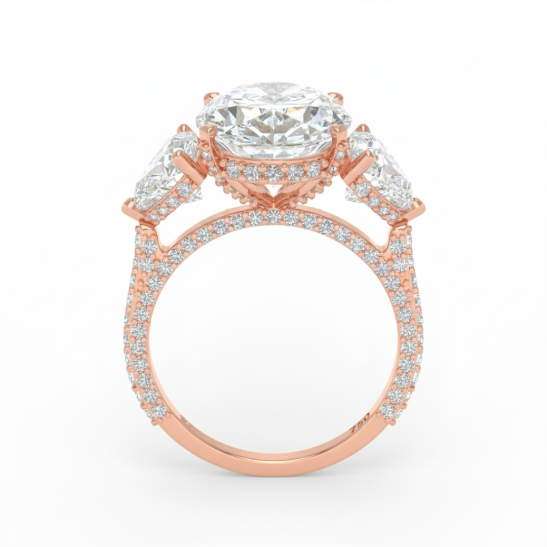 Victoria Oval Cut Diamond Engagement Ring with Heart Cut Side Diamonds and 3D Diamond Band