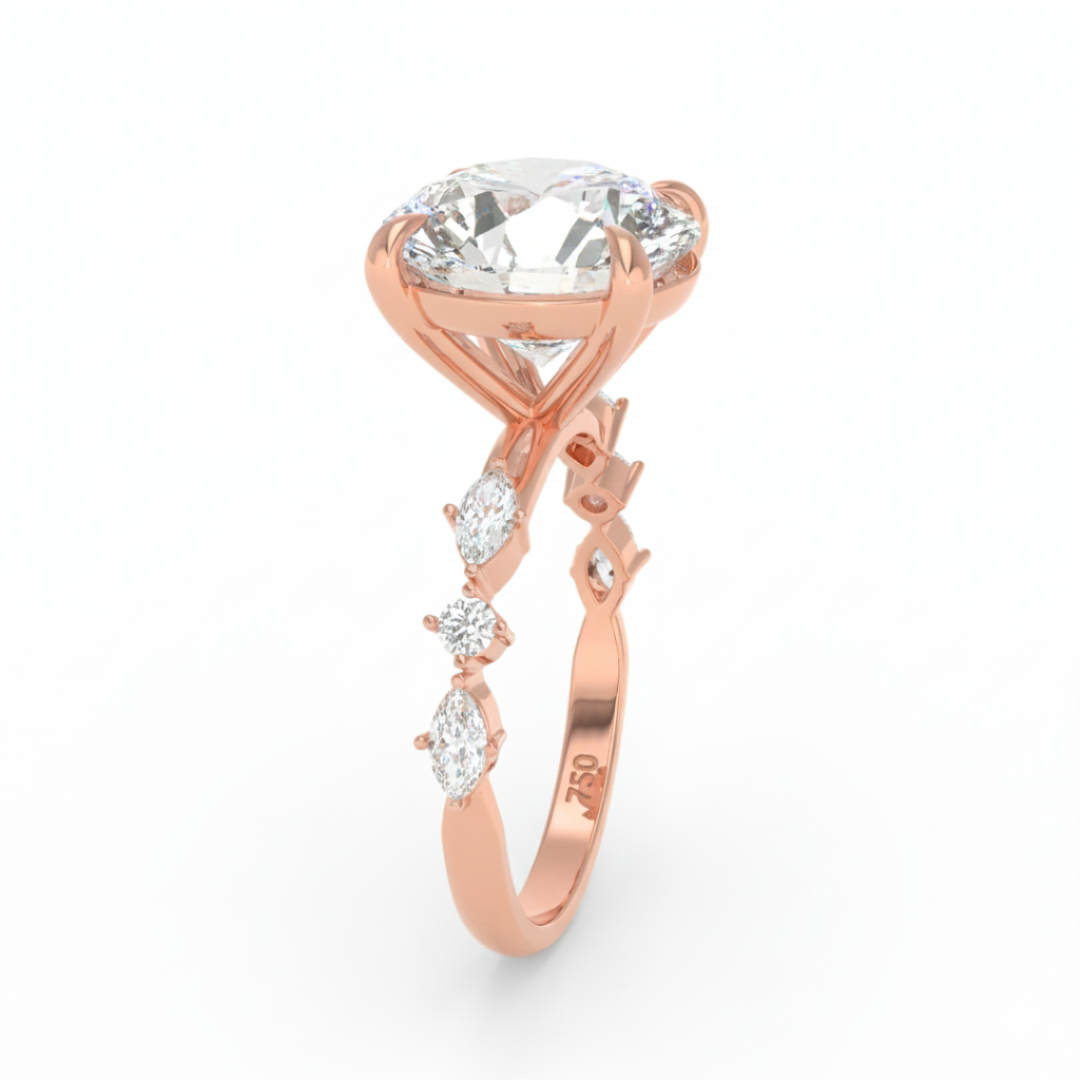 Elizabeth Round Brilliant Cut Diamond Engagement Ring With A Marquise And Round Cut Diamond Band