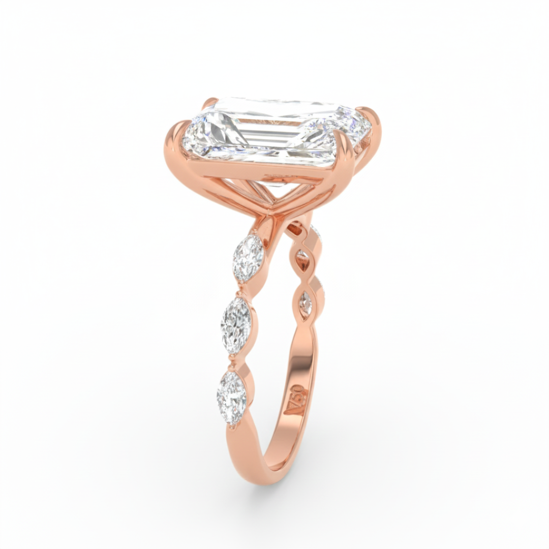 Kasandra Radiant Cut Diamond Engagement Ring With A Marquise Cut Diamond Band