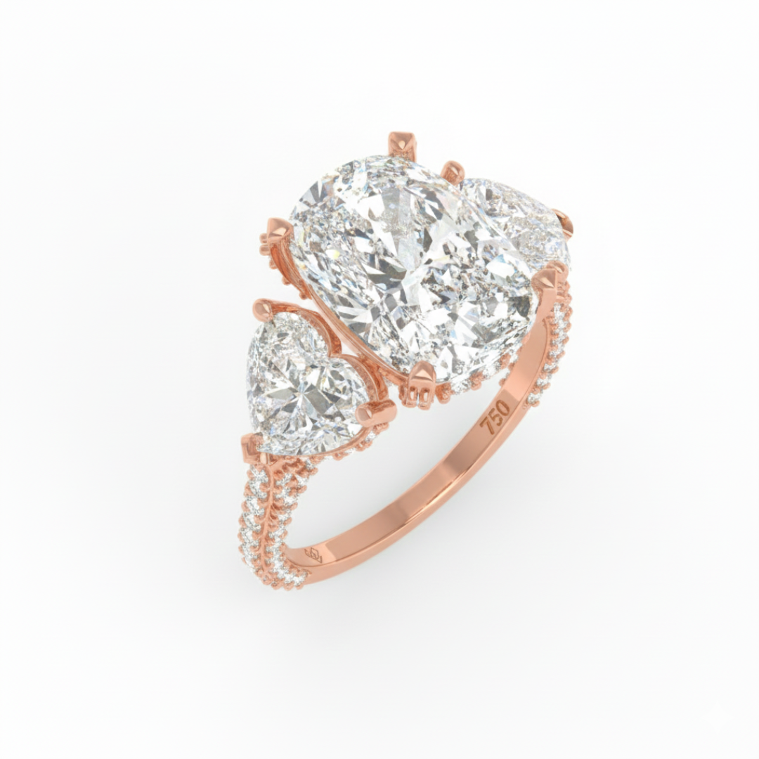 Victoria Cushion Cut Diamond Engagement Ring with Heart Cut Side Diamonds and 3D Diamond Band