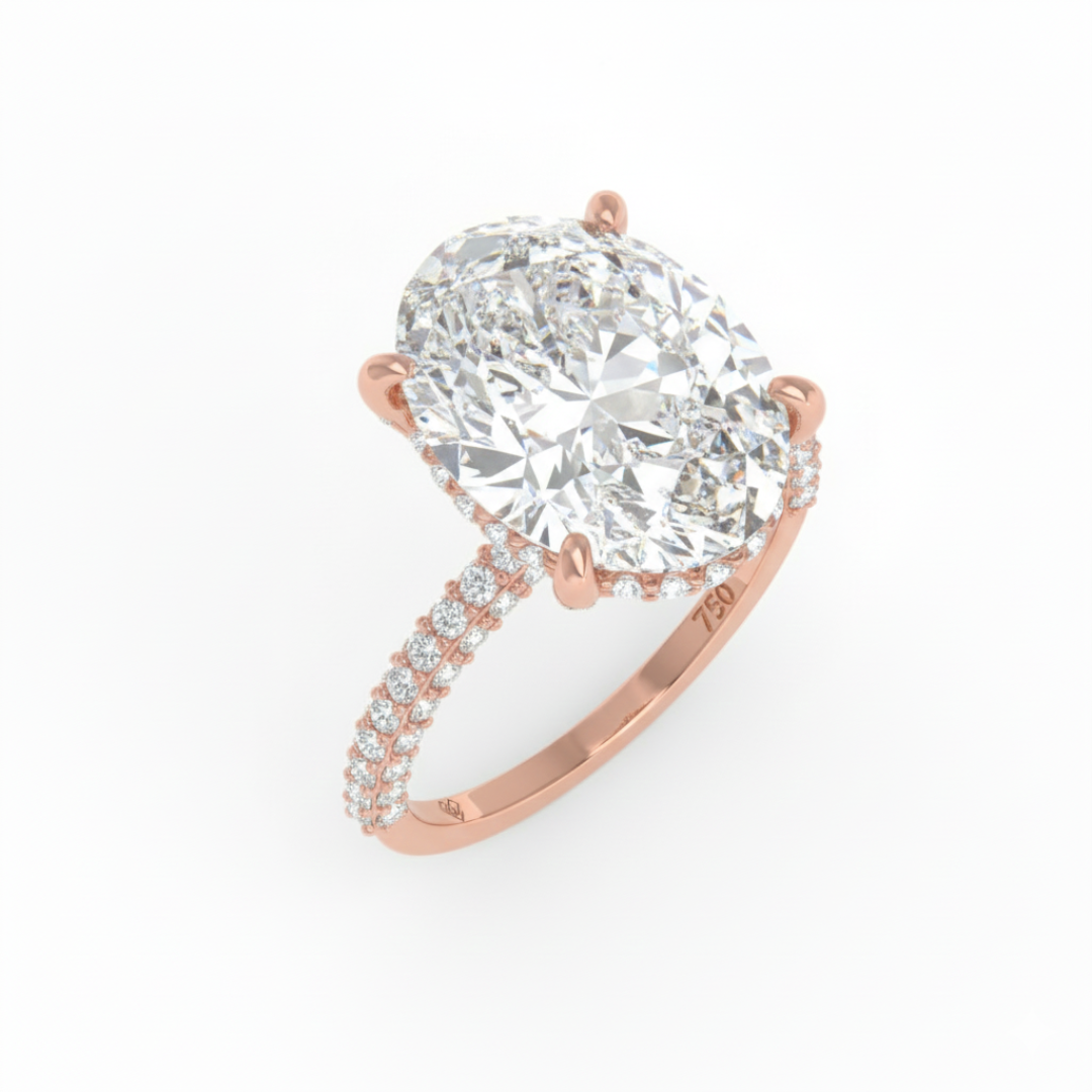 Mia Oval Cut Diamond Engagement Ring With Diamond Hidden Halo And 3D Diamond Band