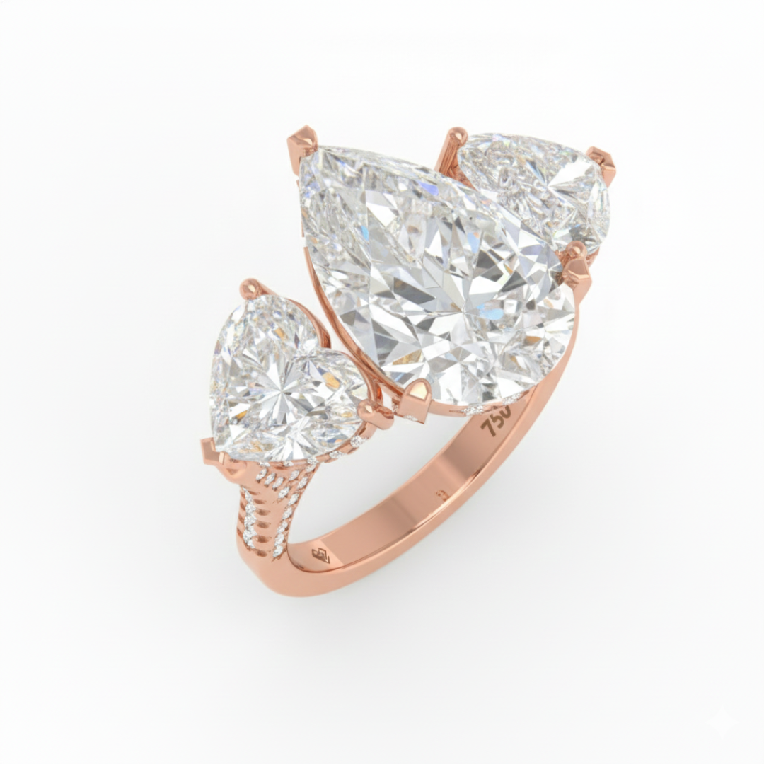 Victoria Pear Cut Diamond Engagement Ring with Heart Cut Side Diamonds and 3D Diamond Band