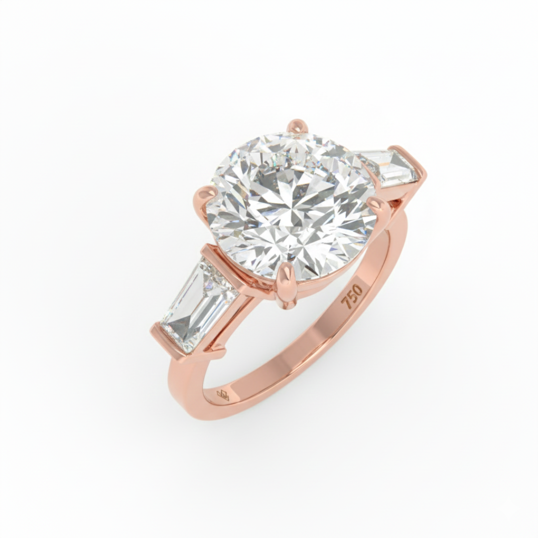 Mary Round Brilliant Cut Diamond Engagement Ring With Tapering Baguette Cut Side Diamond