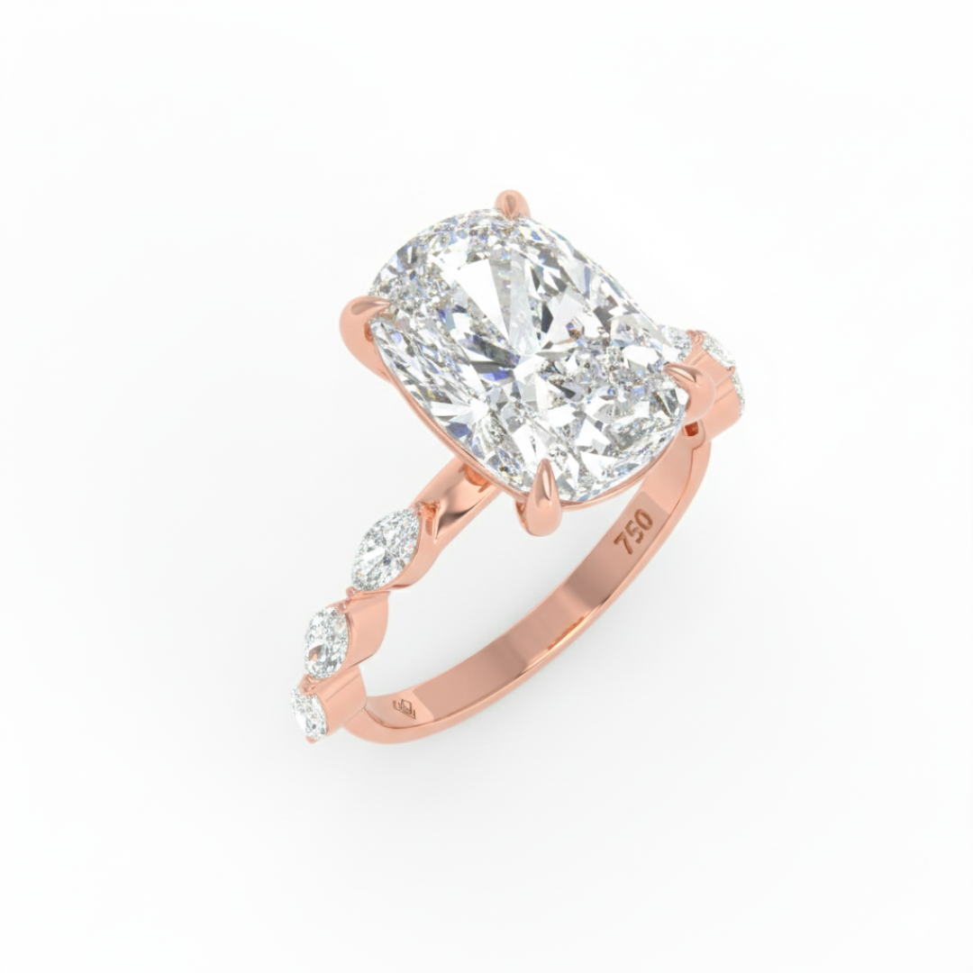 Kasandra Cushion Cut Diamond Engagement Ring With A Marquise Cut Diamond Band