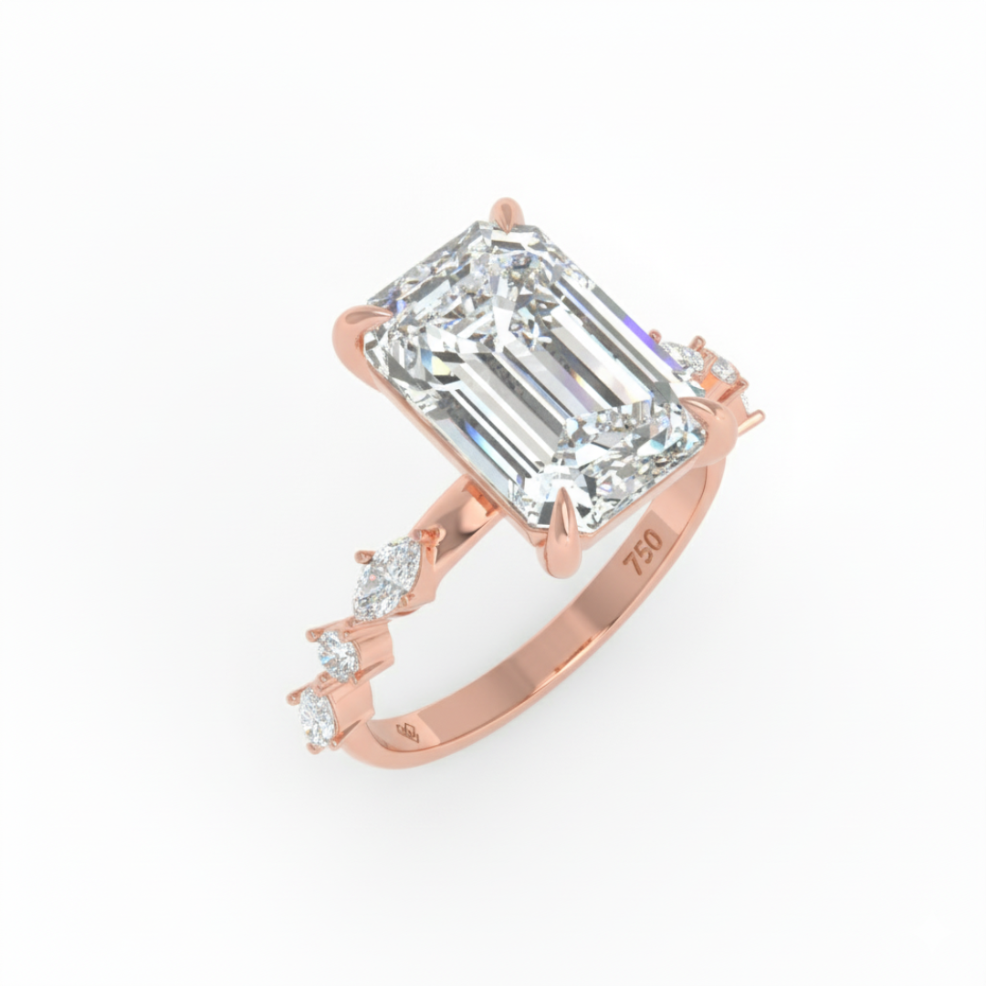 Elizabeth Emerald Cut Diamond Engagement Ring With A Marquise and Round Cut Diamond Band