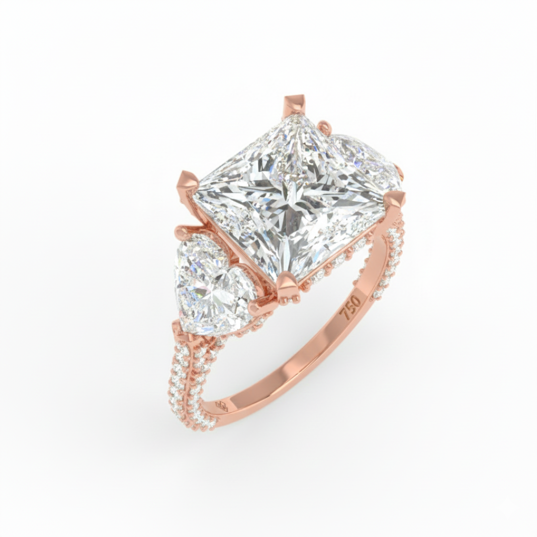 Victoria Princess Cut Diamond Engagement Ring with Heart Cut Side Diamonds and 3D Diamond Band