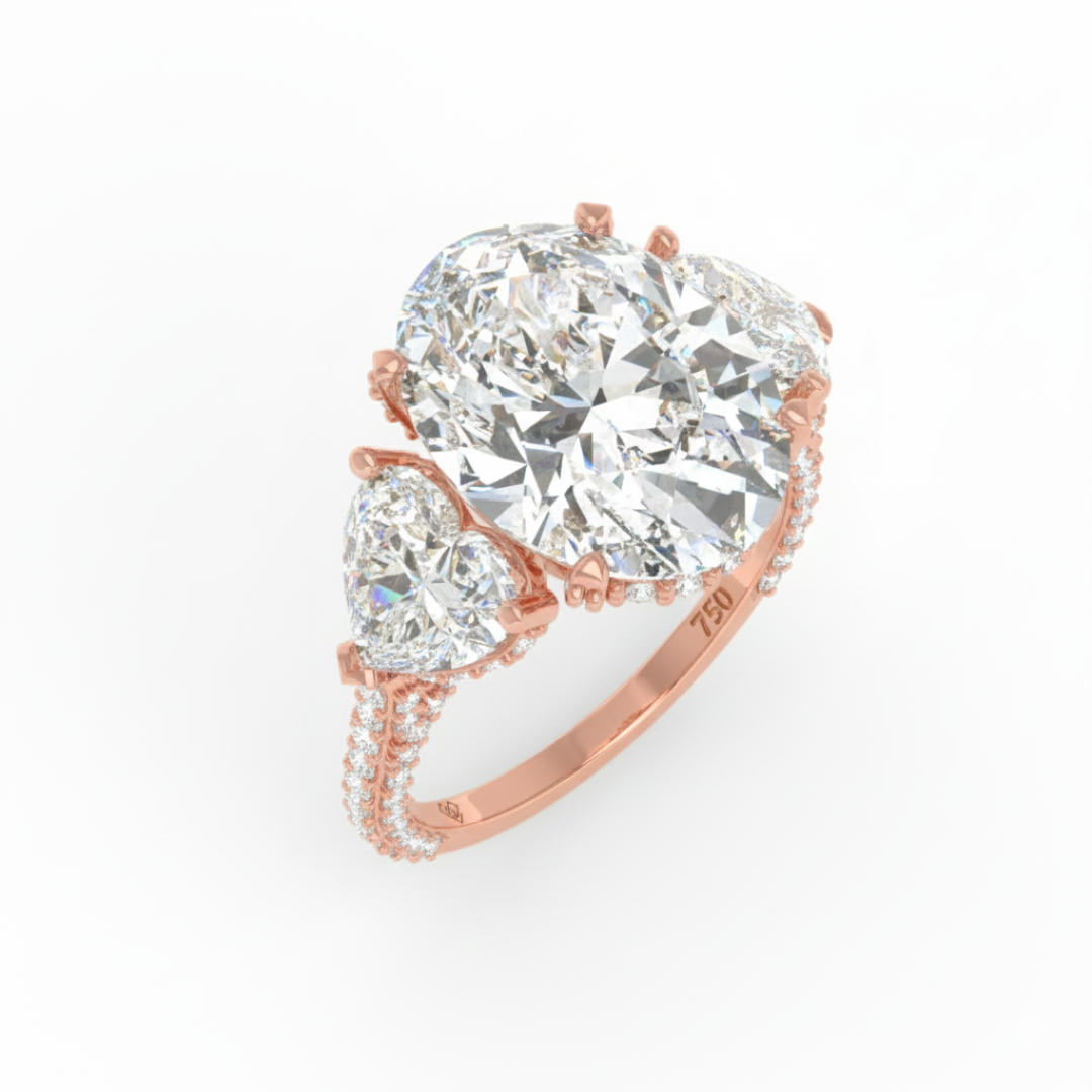 Victoria Oval Cut Diamond Engagement Ring with Heart Cut Side Diamonds and 3D Diamond Band