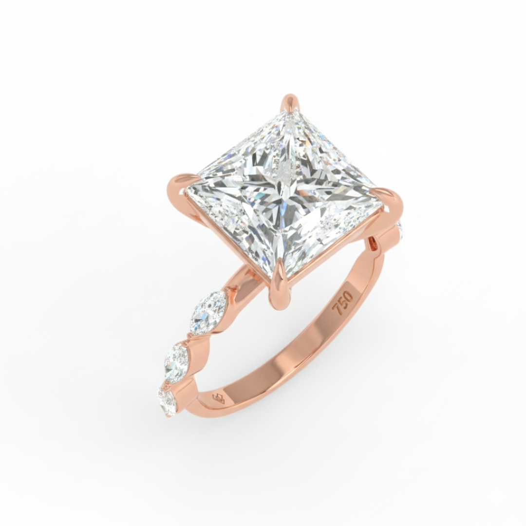 Kasandra Princess Cut Diamond Engagement Ring With A Marquise Cut and Diamond Band