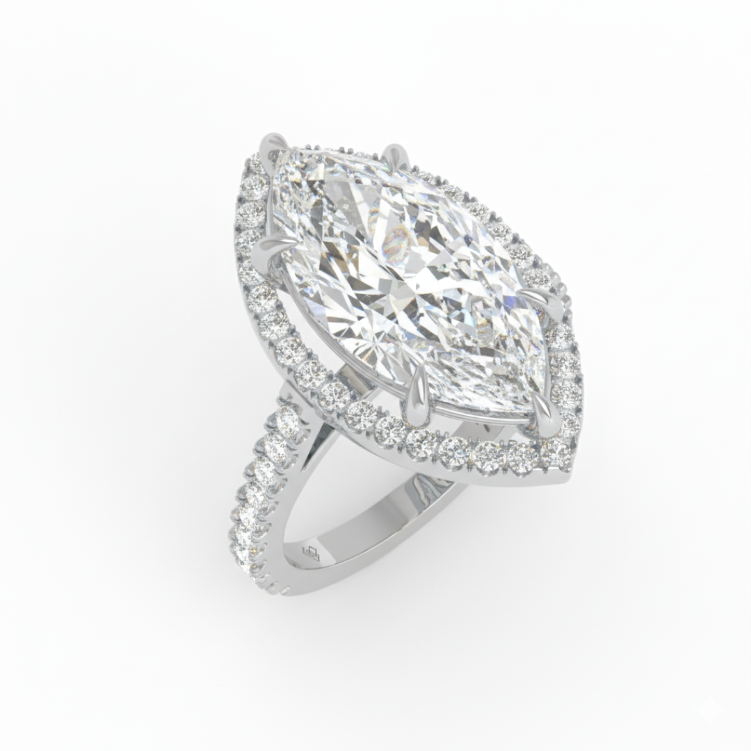 Bella Marquise Cut Diamond Engagement Ring with Diamond Halo & Diamond Band