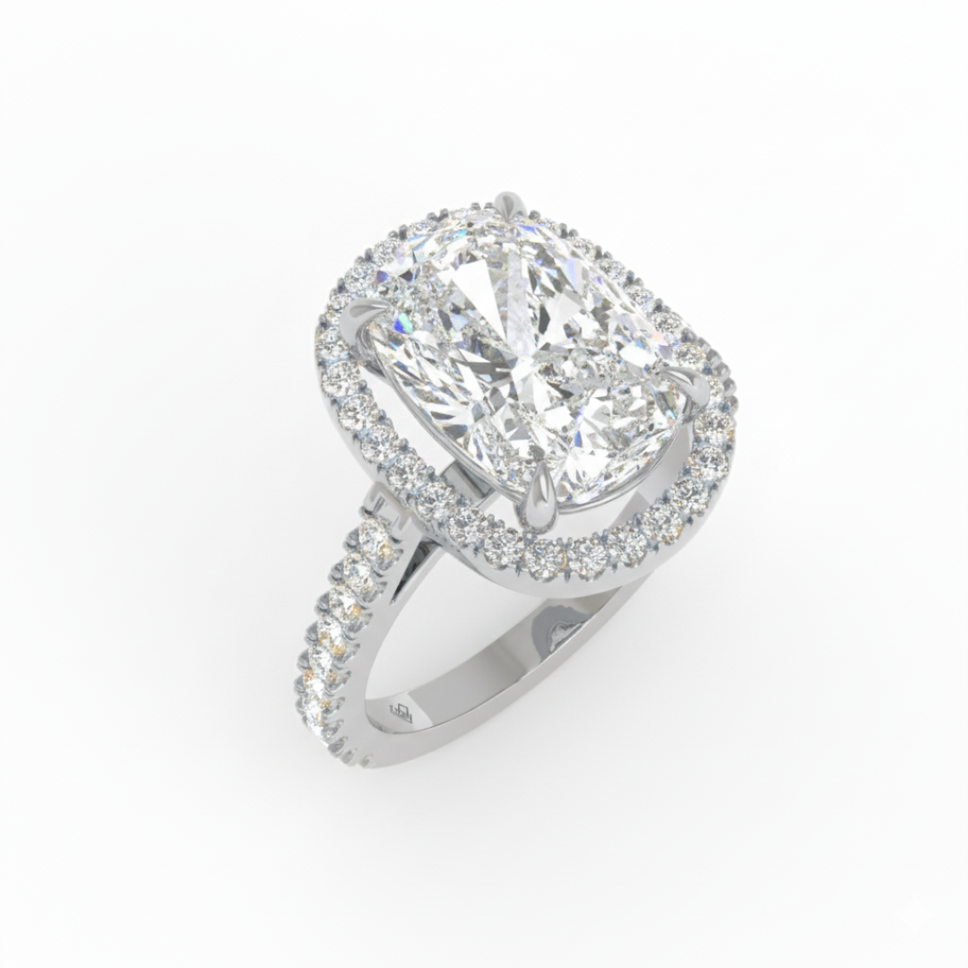 Bella Cushion Cut Diamond Engagement Ring with Diamond Halo & Diamond Band