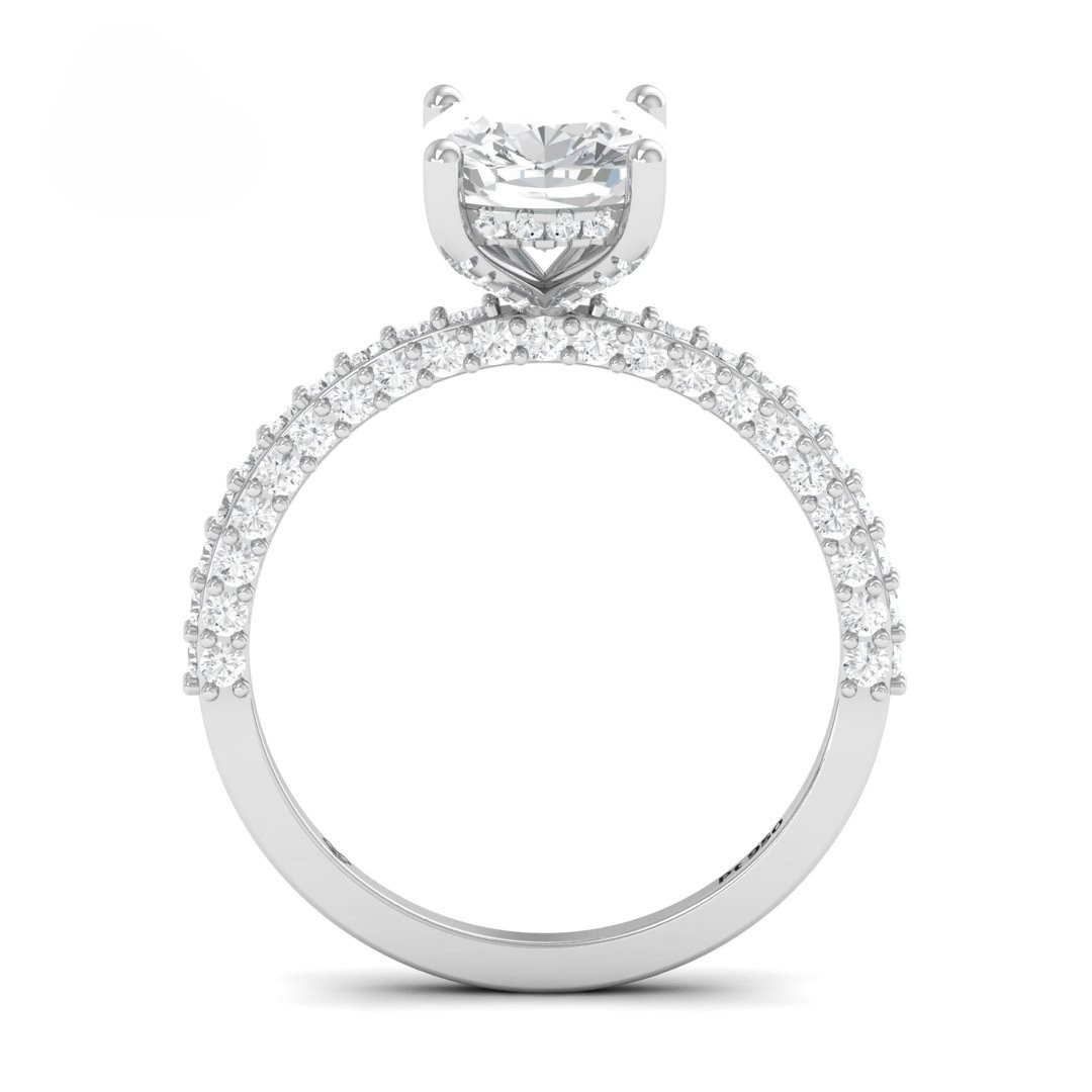 Mia Cushion Cut Diamond Engagement Ring with Diamond Hidden Halo and 3D Diamond Band