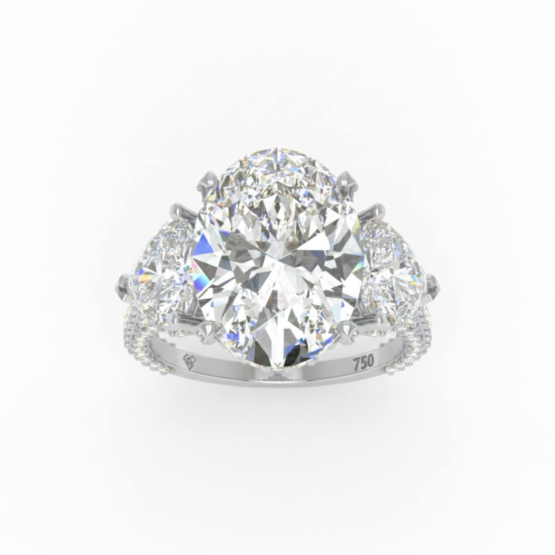 Victoria Oval Cut Diamond Engagement Ring with Heart Cut Side Diamonds and 3D Diamond Band