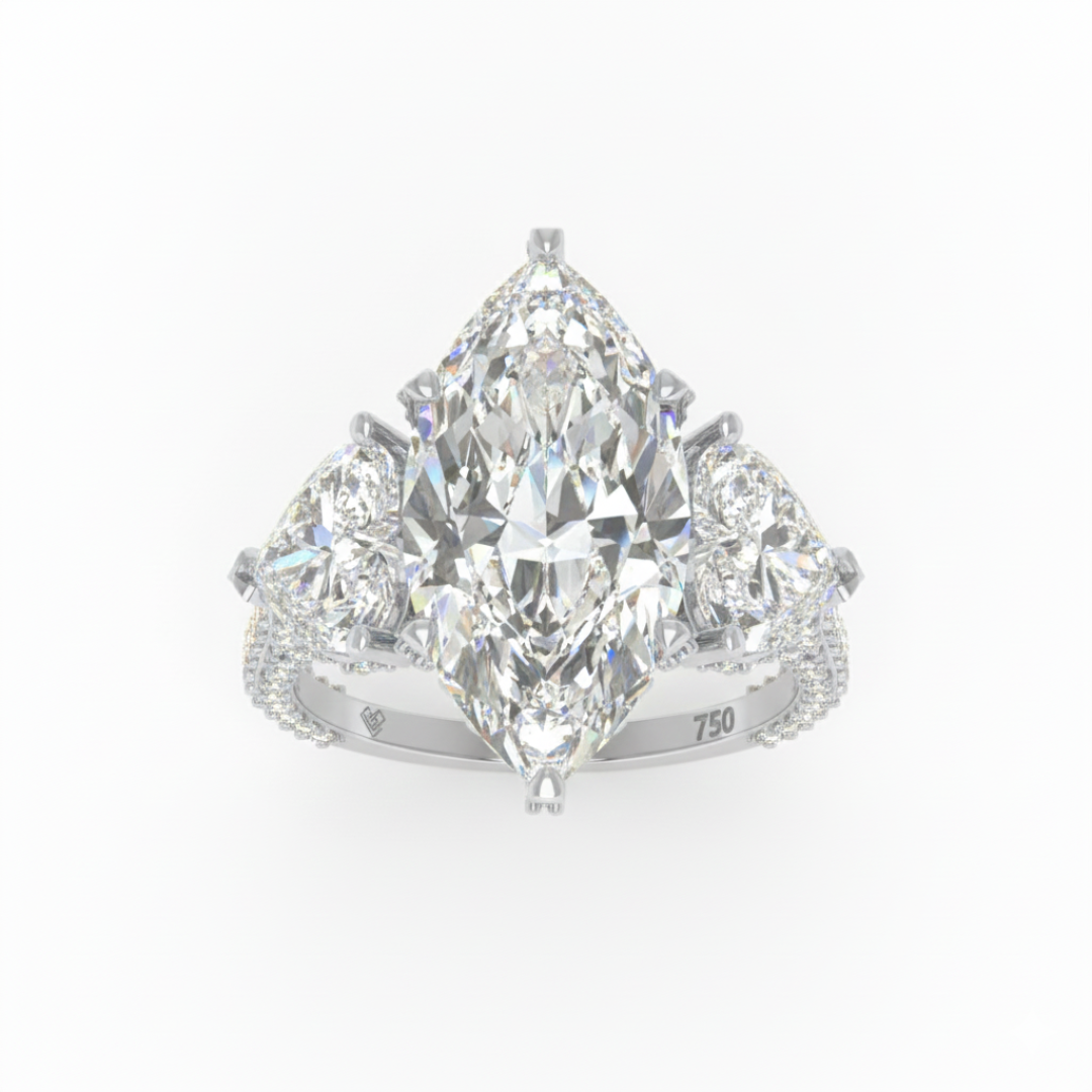 Victoria Marquise Cut Diamond Engagement Ring with Heart Cut Side Diamonds and 3D Diamond Band