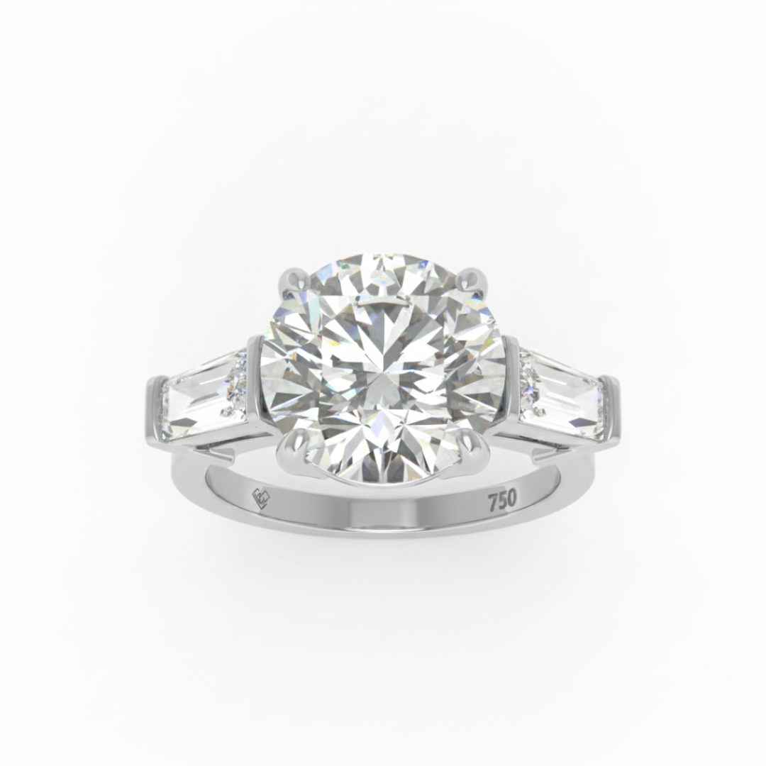 Mary Round Brilliant Cut Diamond Engagement Ring With Tapering Baguette Cut Side Diamond