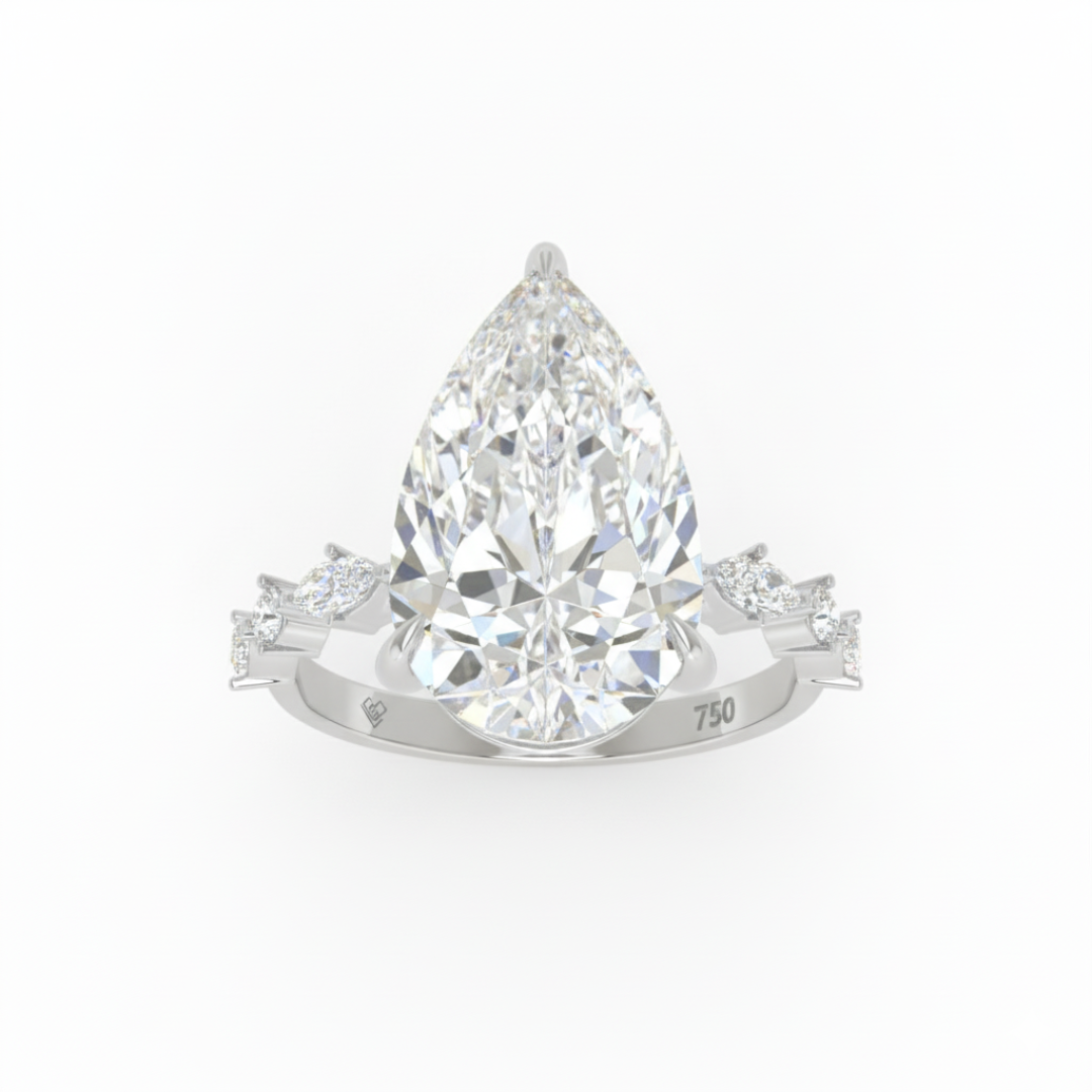 Elizabeth Pear Cut Diamond Engagement Ring With A Marquise And Round Cut Diamond Band