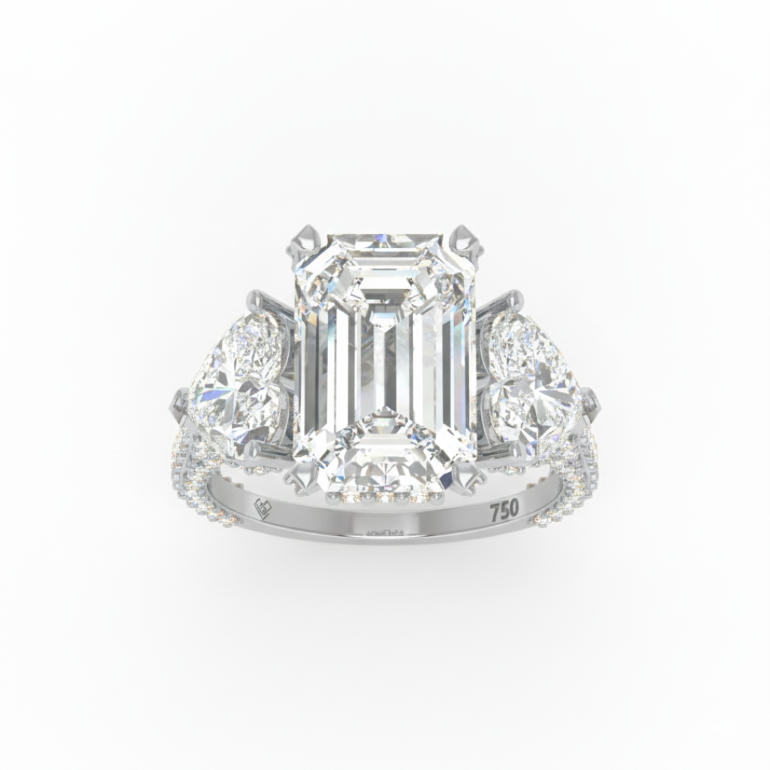 Victoria Emerald Cut Diamond Engagement Ring with Heart Cut Side Diamonds and 3D Diamond Band