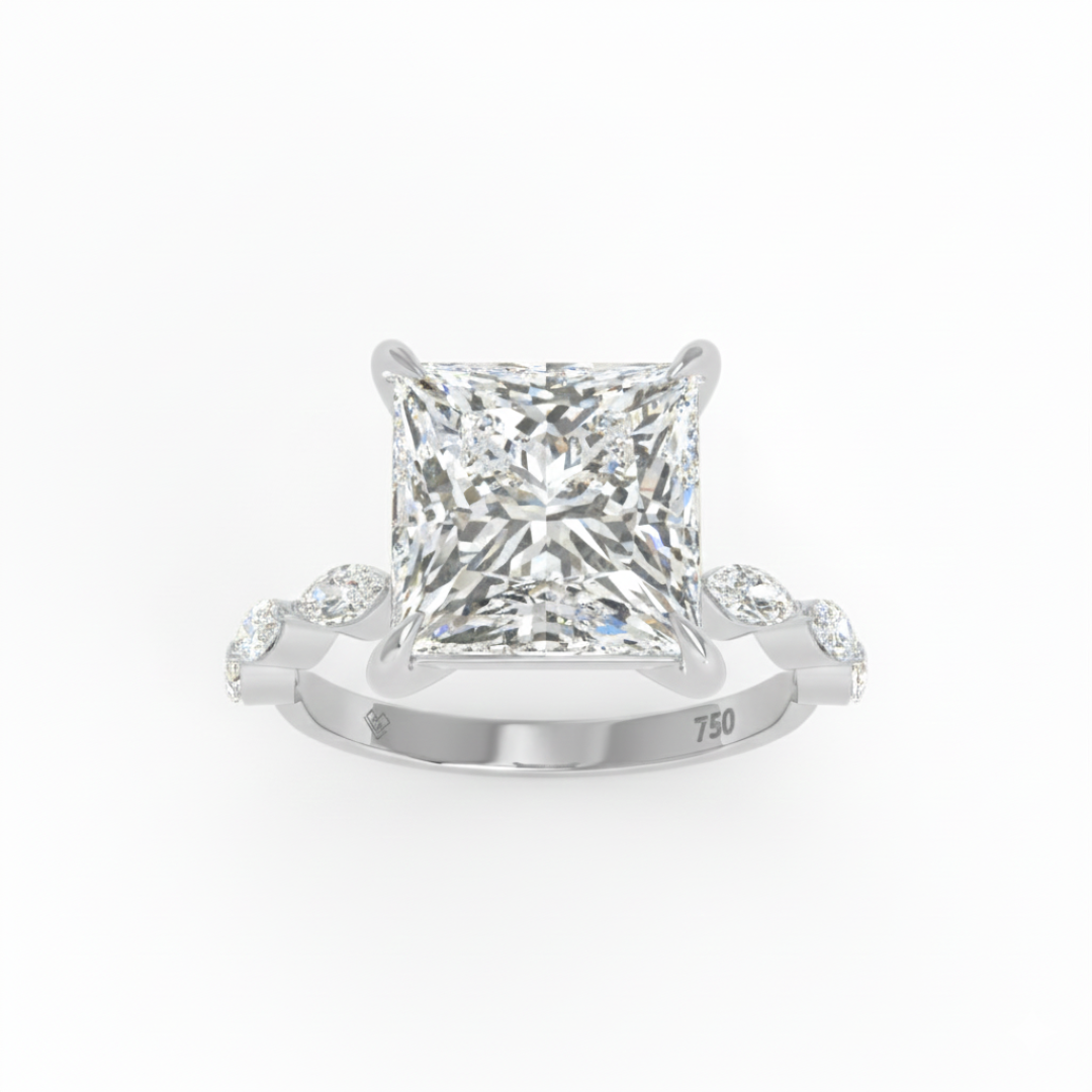 Kasandra Princess Cut Diamond Engagement Ring With A Marquise Cut and Diamond Band