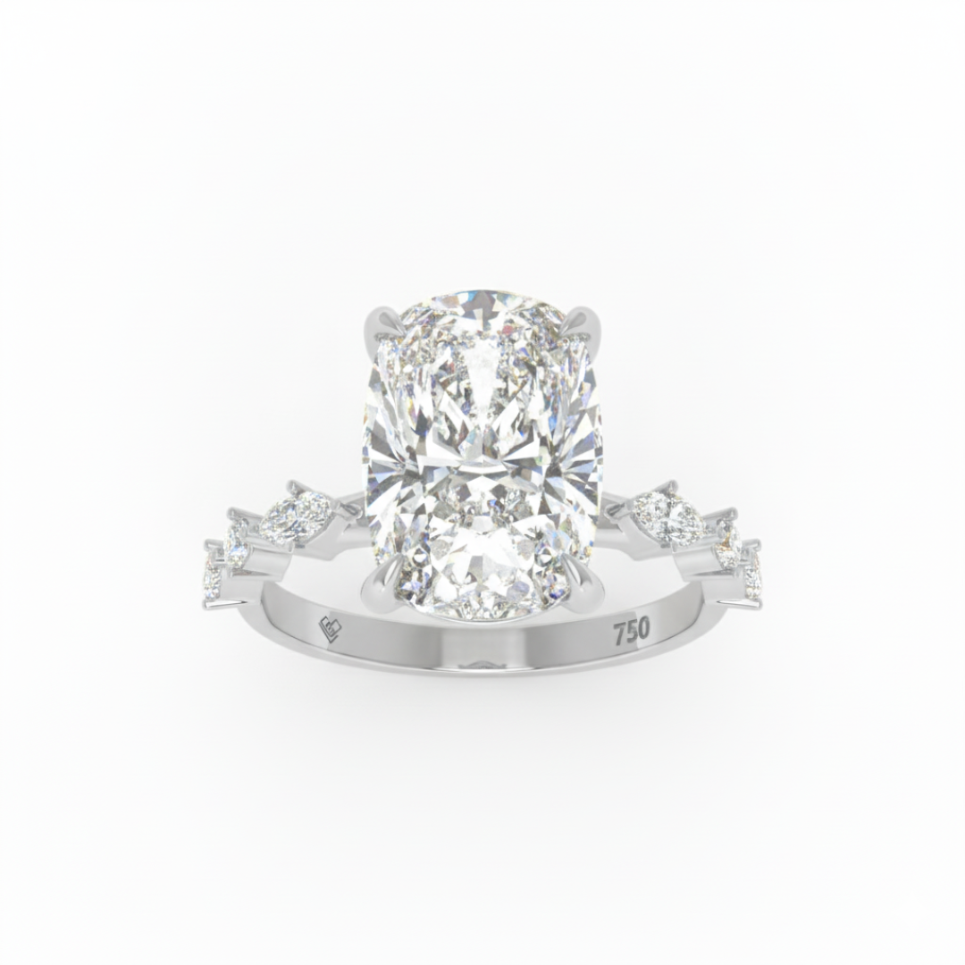Elizabeth Cushion Diamond Engagement Ring With A Marquise and Round Cut Diamond Band