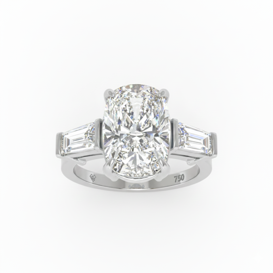 Mary Cushion Cut Diamond Engagement Ring with Tapering Baguette Cut Side Diamonds
