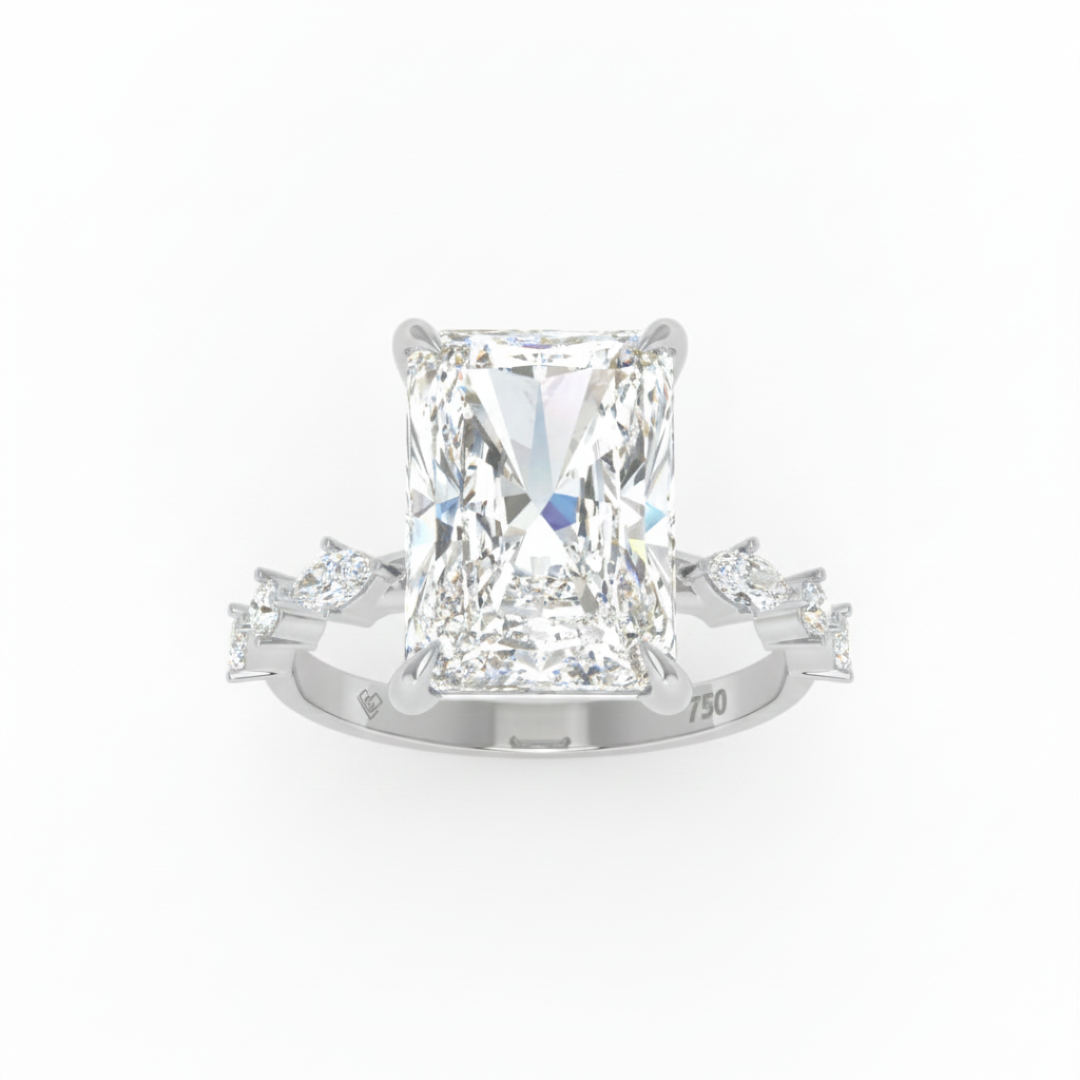 Elizabeth Radiant Cut Diamond Engagement Ring With A Marquise And Round Cut Diamond Band