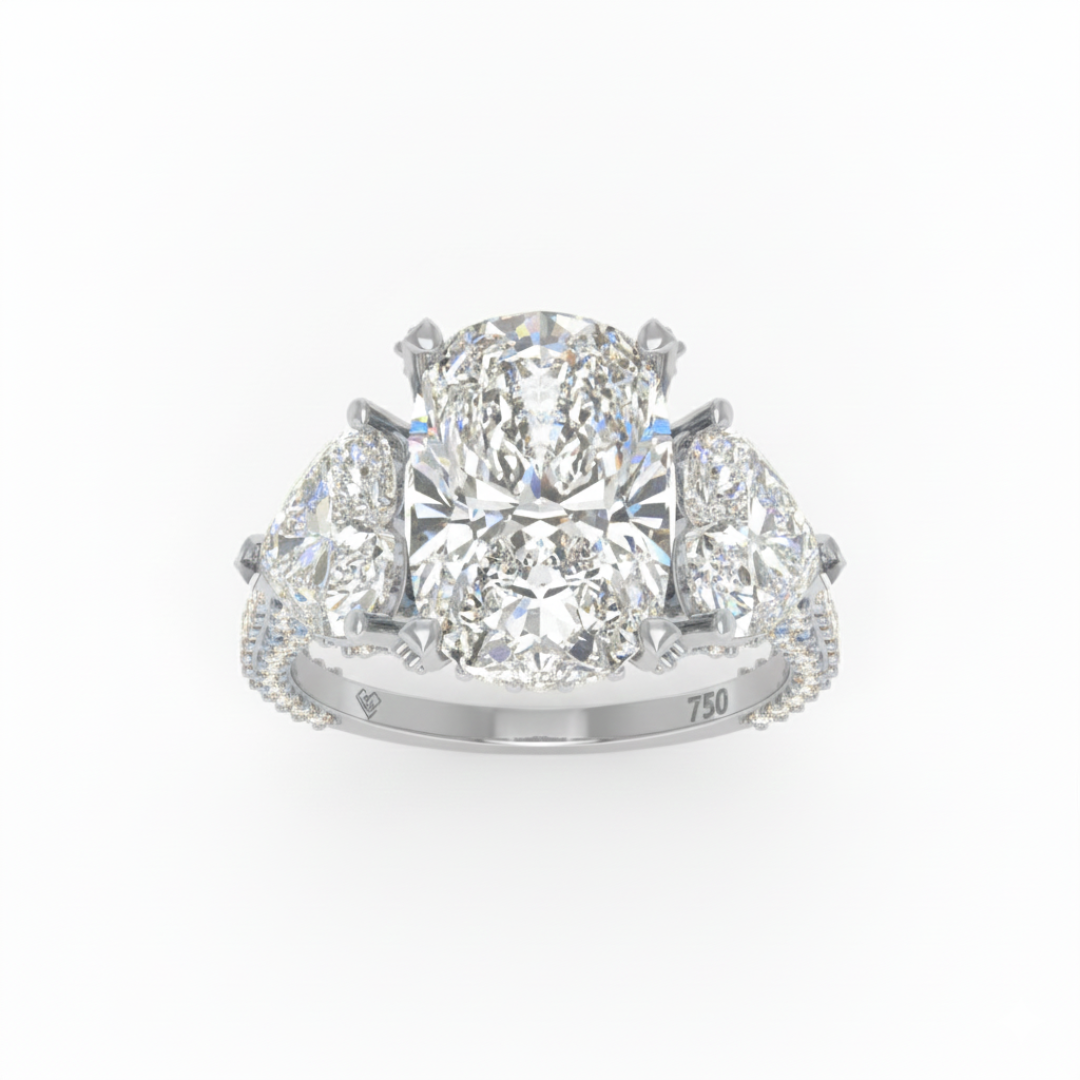 Victoria Cushion Cut Diamond Engagement Ring with Heart Cut Side Diamonds and 3D Diamond Band