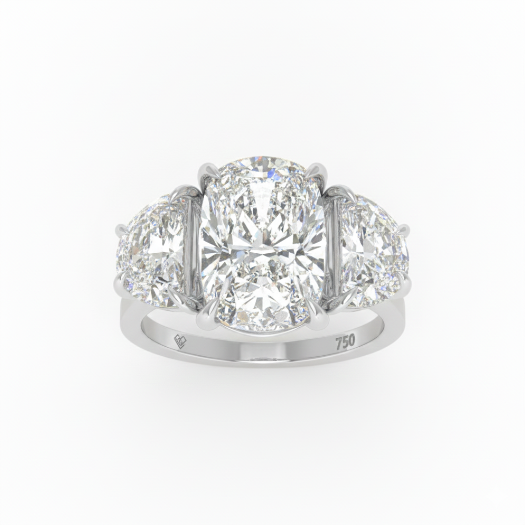 Kamala Cushion Cut Diamond Engagement Ring with Half Moon Cut Side Diamonds