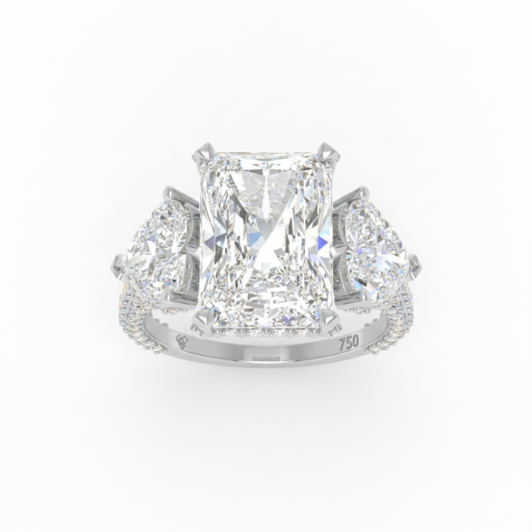 Victoria Radiant Cut Diamond Engagement Ring with Heart Cut Side Diamonds and 3D Diamond Band