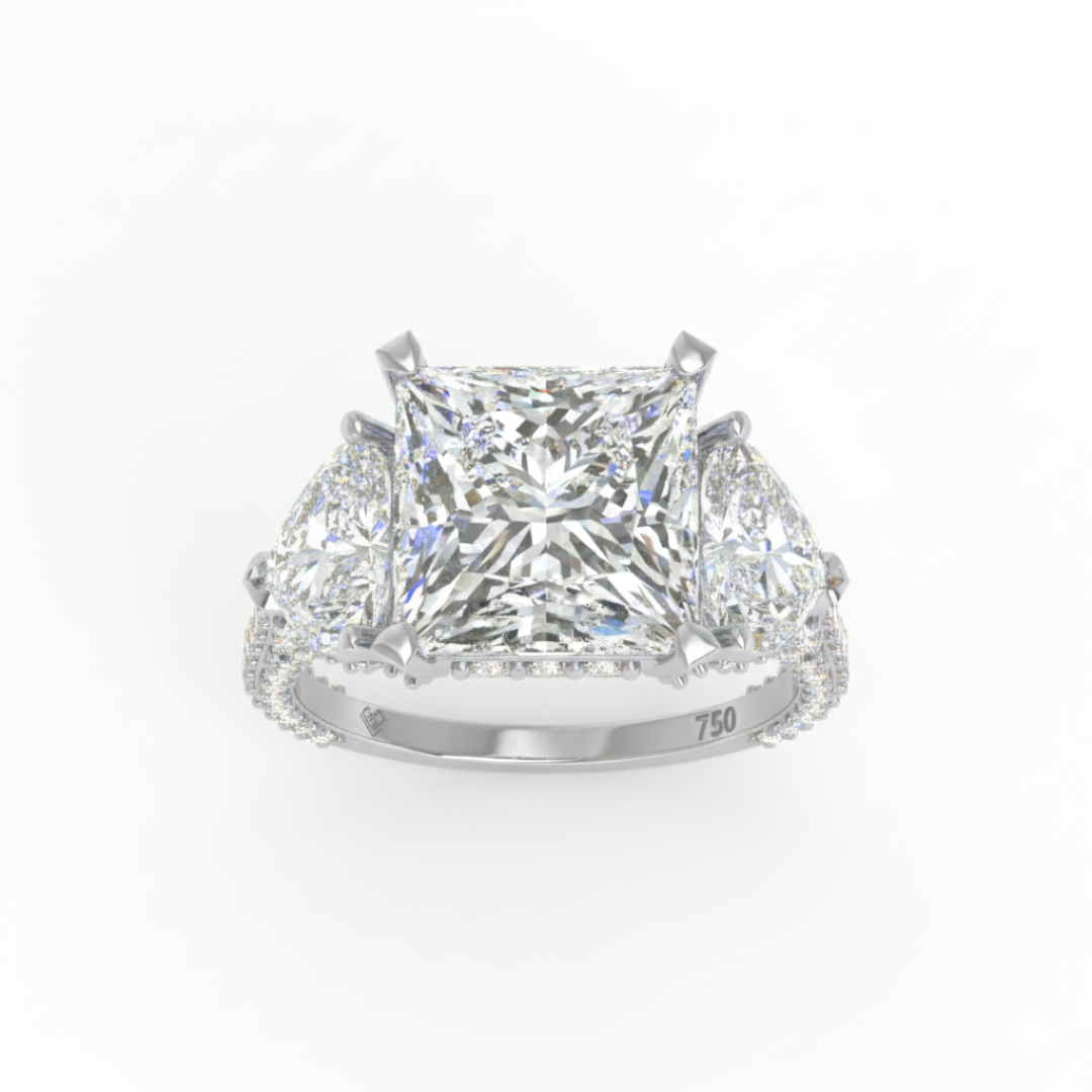 Victoria Princess Cut Diamond Engagement Ring with Heart Cut Side Diamonds and 3D Diamond Band