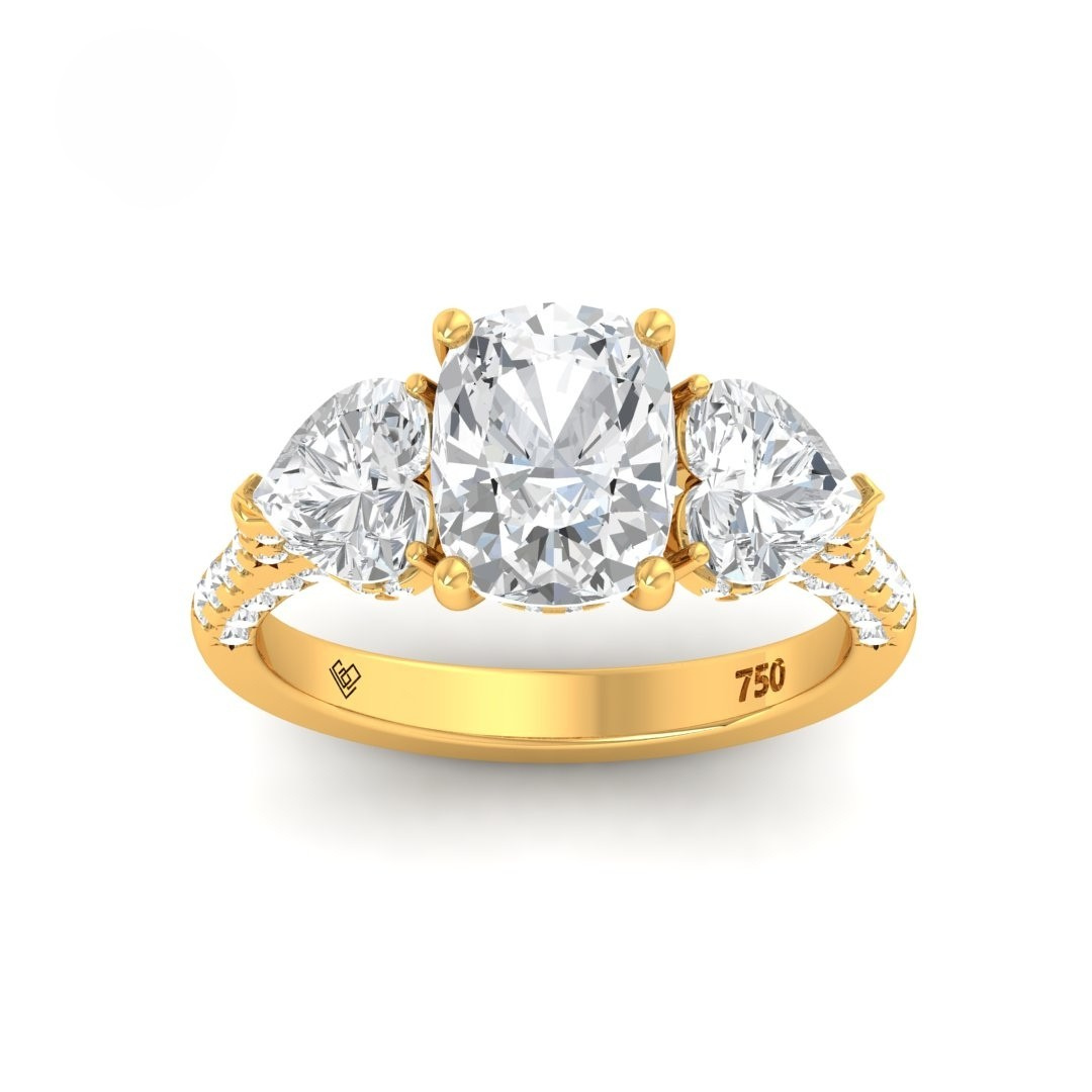 Victoria Cushion Cut Diamond Engagement Ring with Heart Cut Side Diamonds and 3D Diamond Band