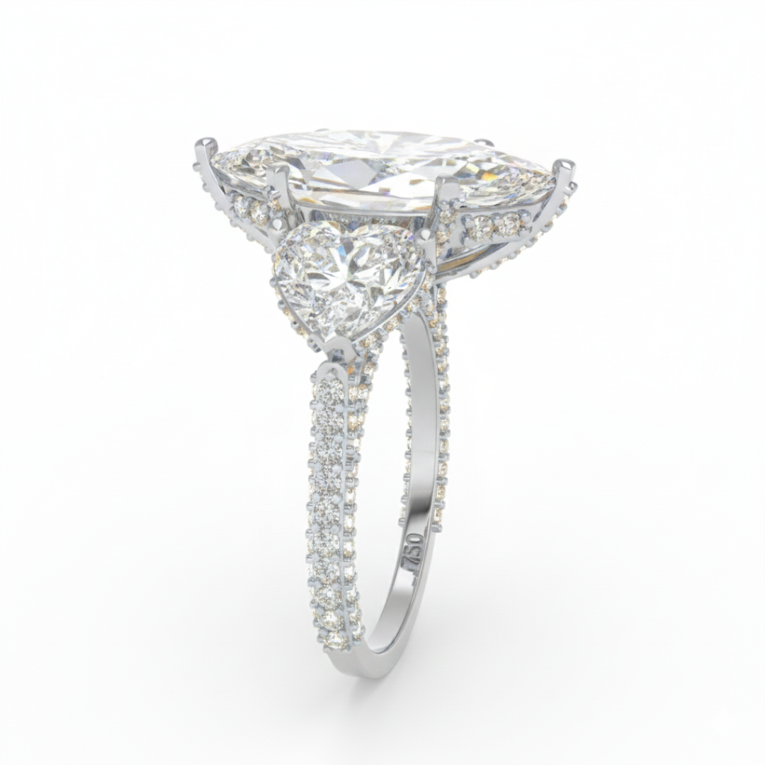 Victoria Marquise Cut Diamond Engagement Ring with Heart Cut Side Diamonds and 3D Diamond Band