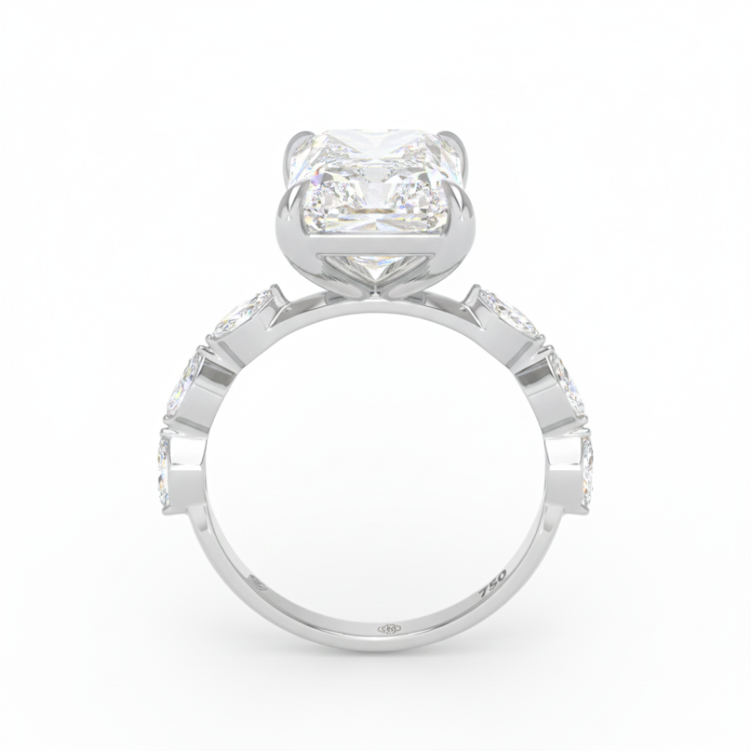 Kasandra Radiant Cut Diamond Engagement Ring With A Marquise Cut Diamond Band