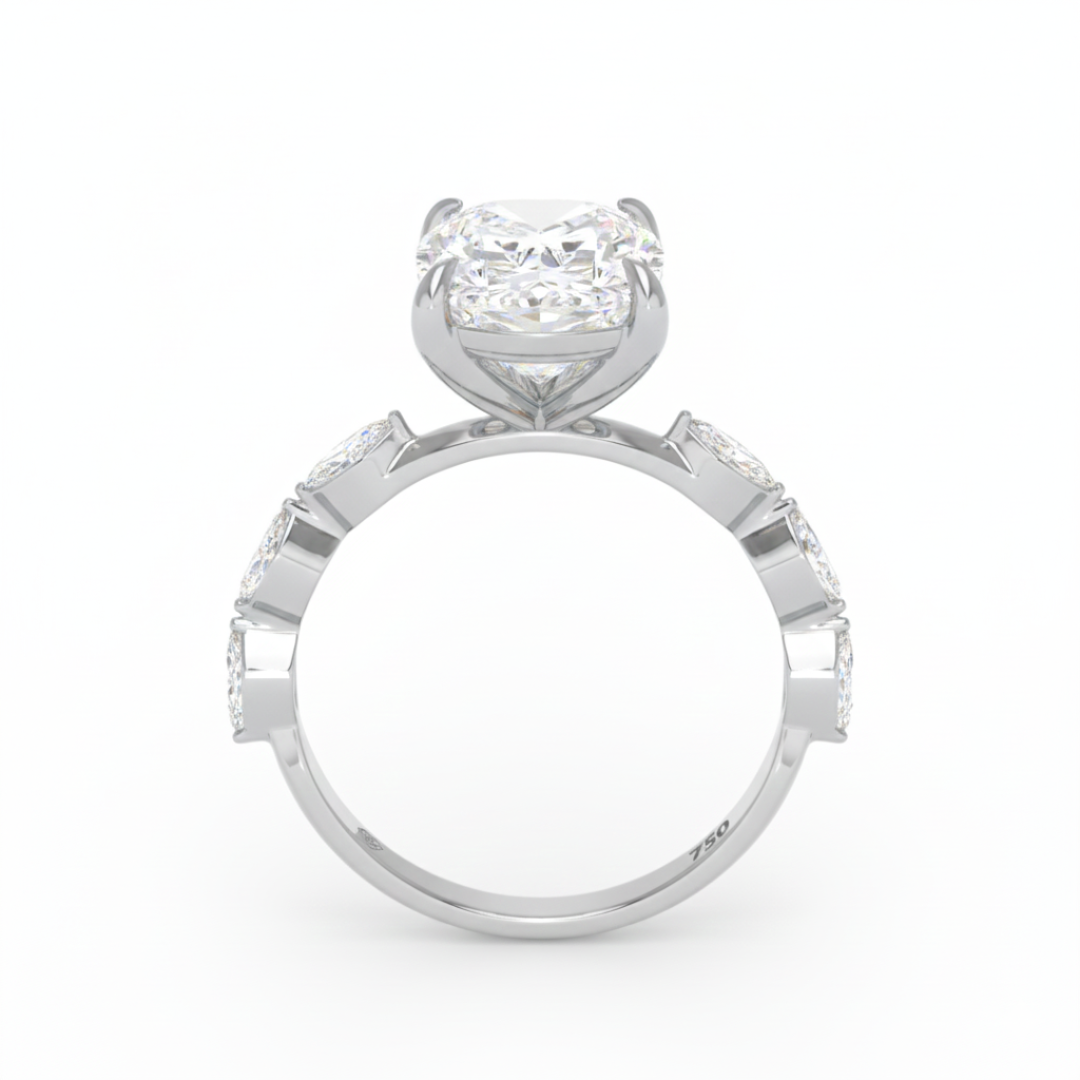 Kasandra Cushion Cut Diamond Engagement Ring With A Marquise Cut Diamond Band