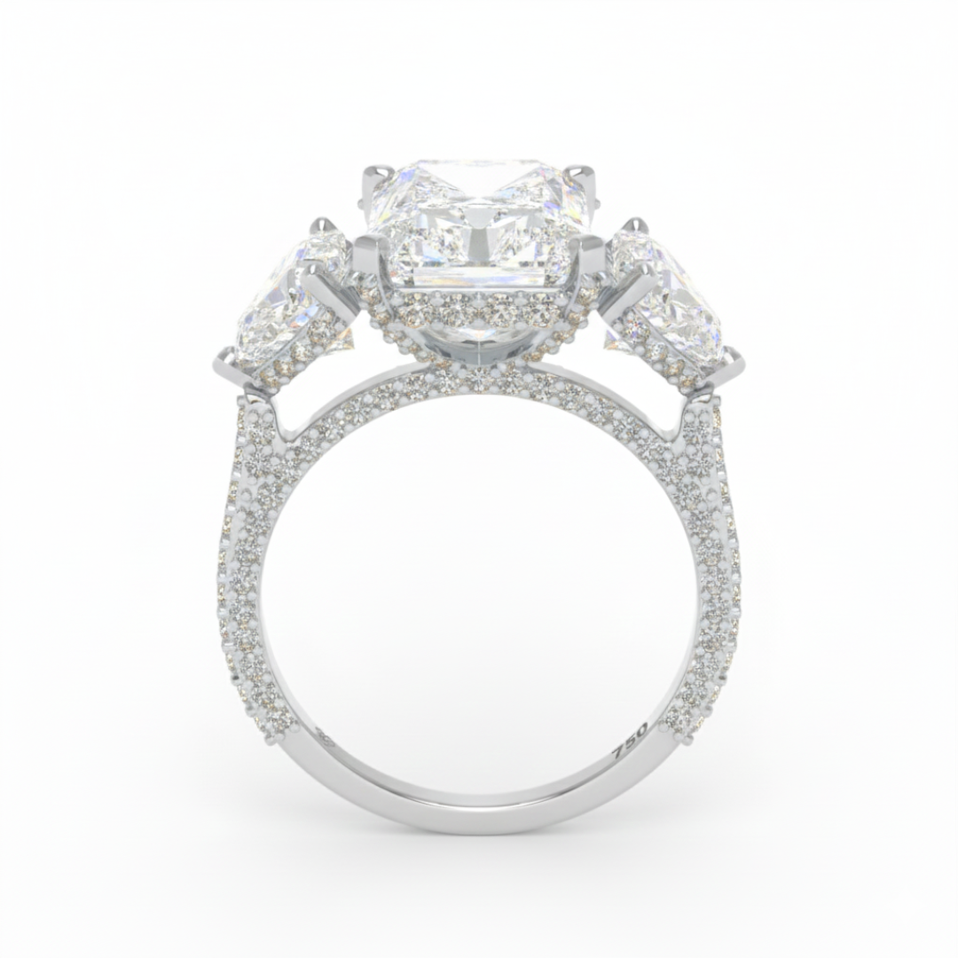 Victoria Radiant Cut Diamond Engagement Ring with Heart Cut Side Diamonds and 3D Diamond Band